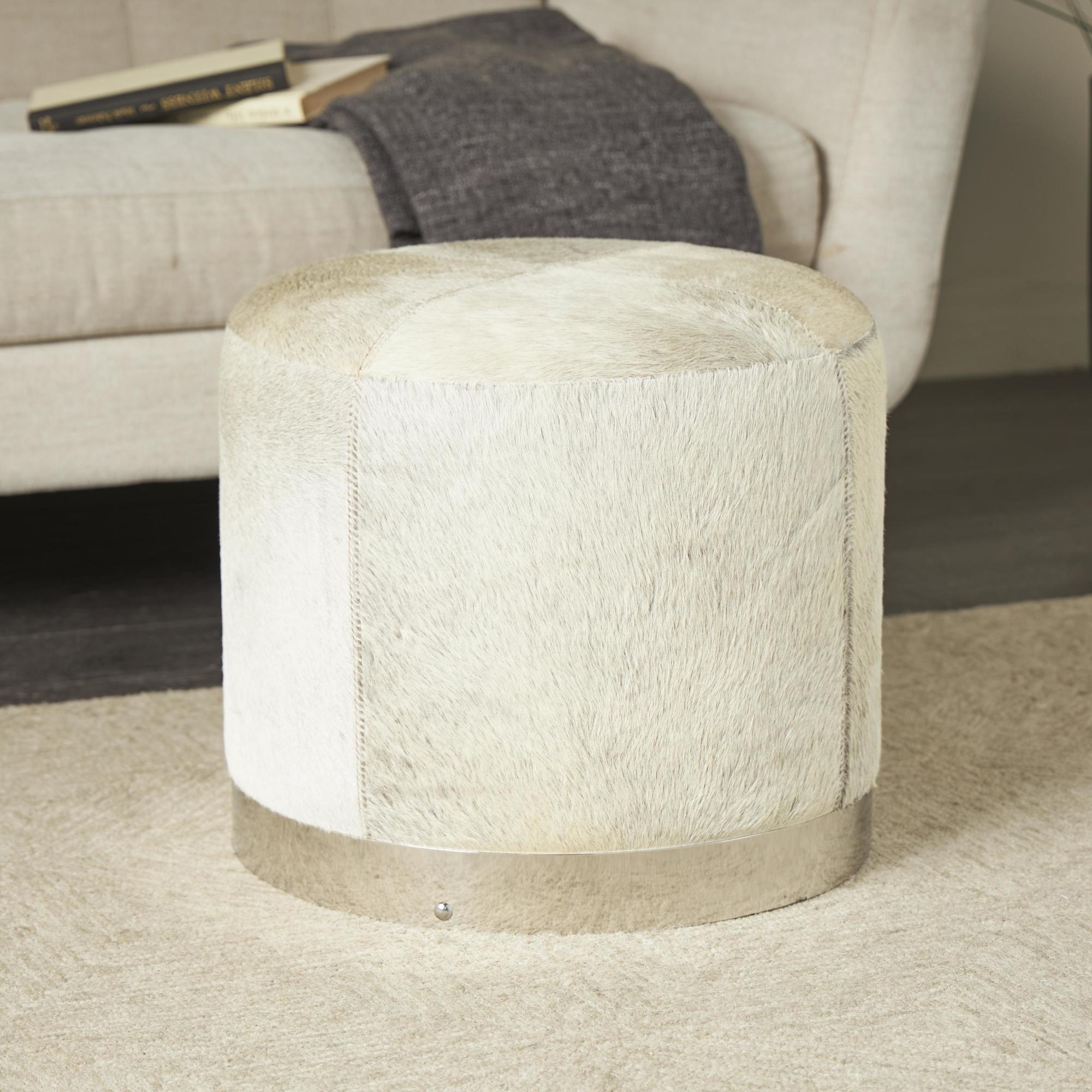 Gray Leather Patchwork Living Room Stool with Silver Metal Base