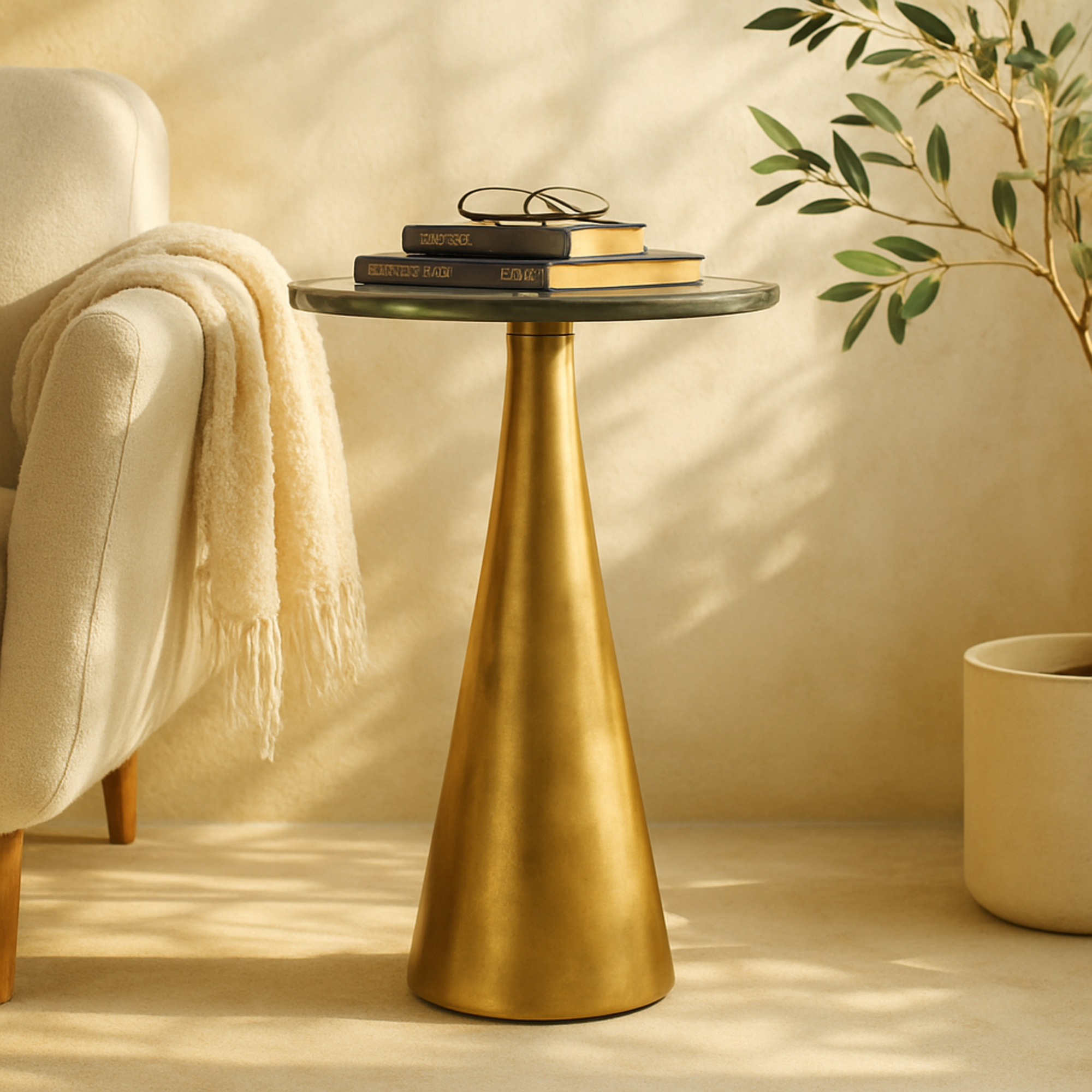 Geometric Aluminum Metal Cone Side End Accent Table with Textured Glass Tabletop