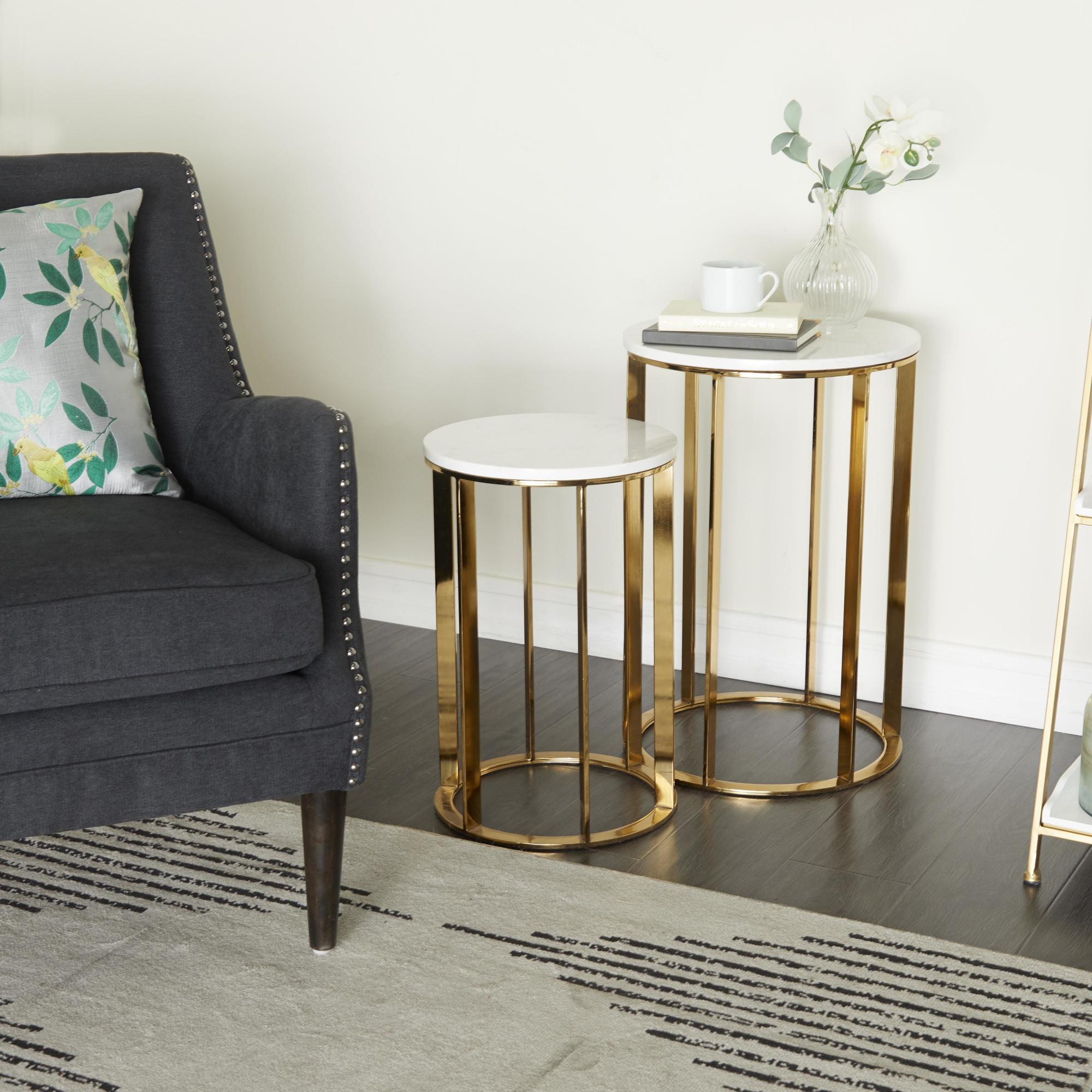 Set of 2 Gold Metal Side End Accent Table with Marble Top