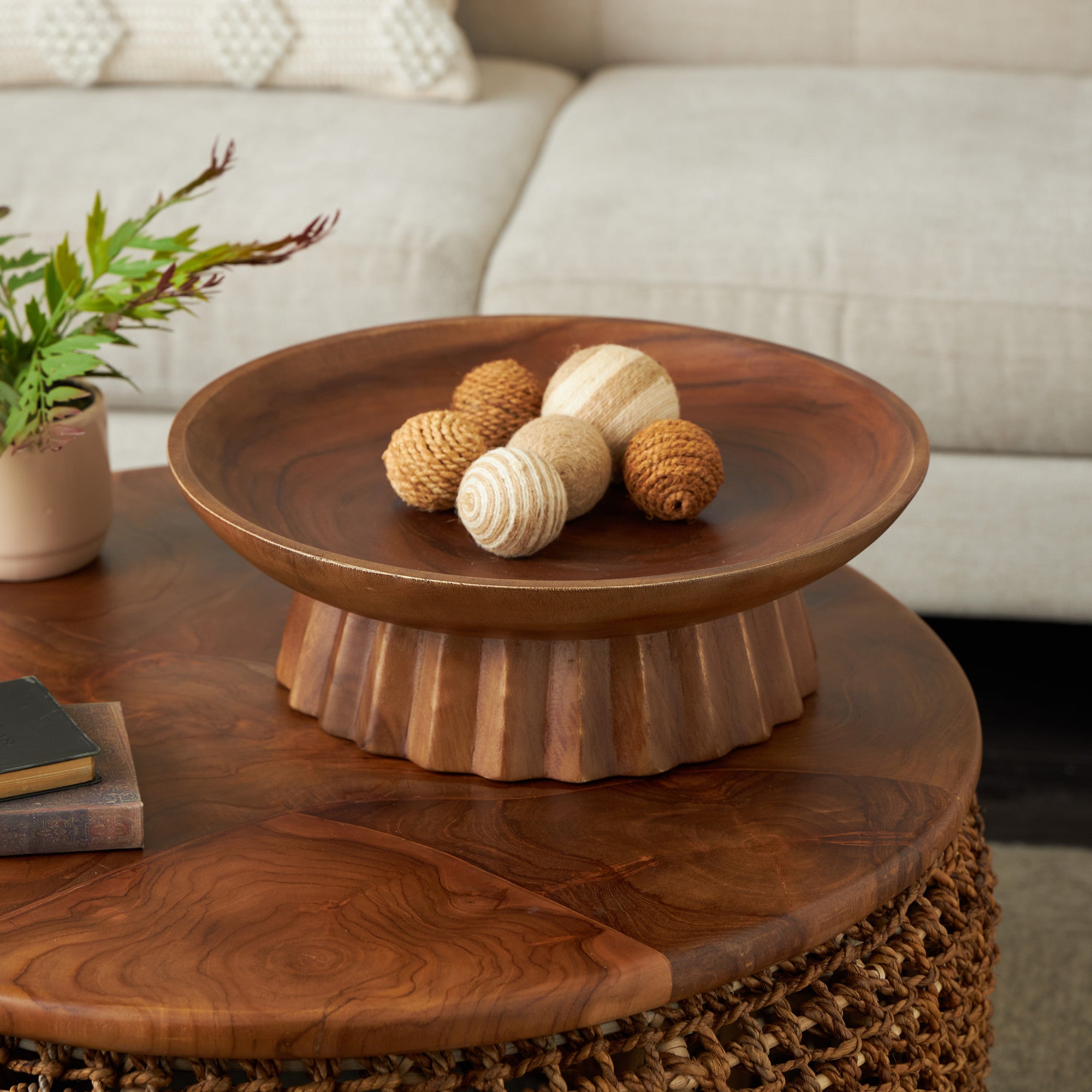 Brown Teak Wood Handmade Large Decorative Bowl with Concaved Elevated Base