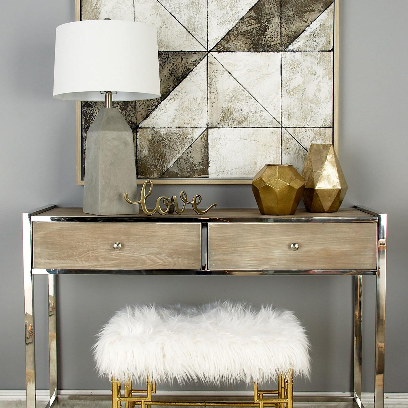 Gold Metal Living Room Stool with Faux Fur