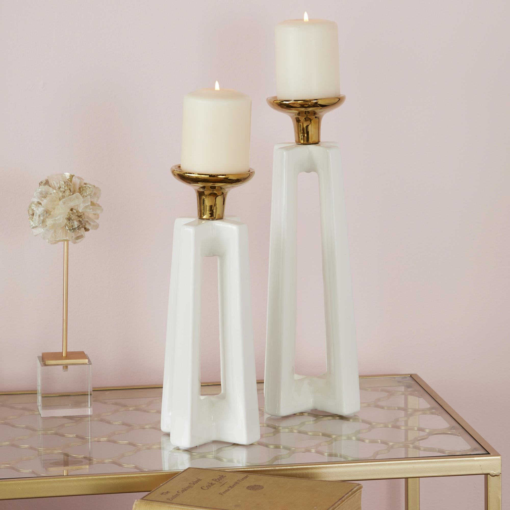 CosmoLiving by Cosmopolitan Set of 2 White Ceramic Decorative Candle Holder