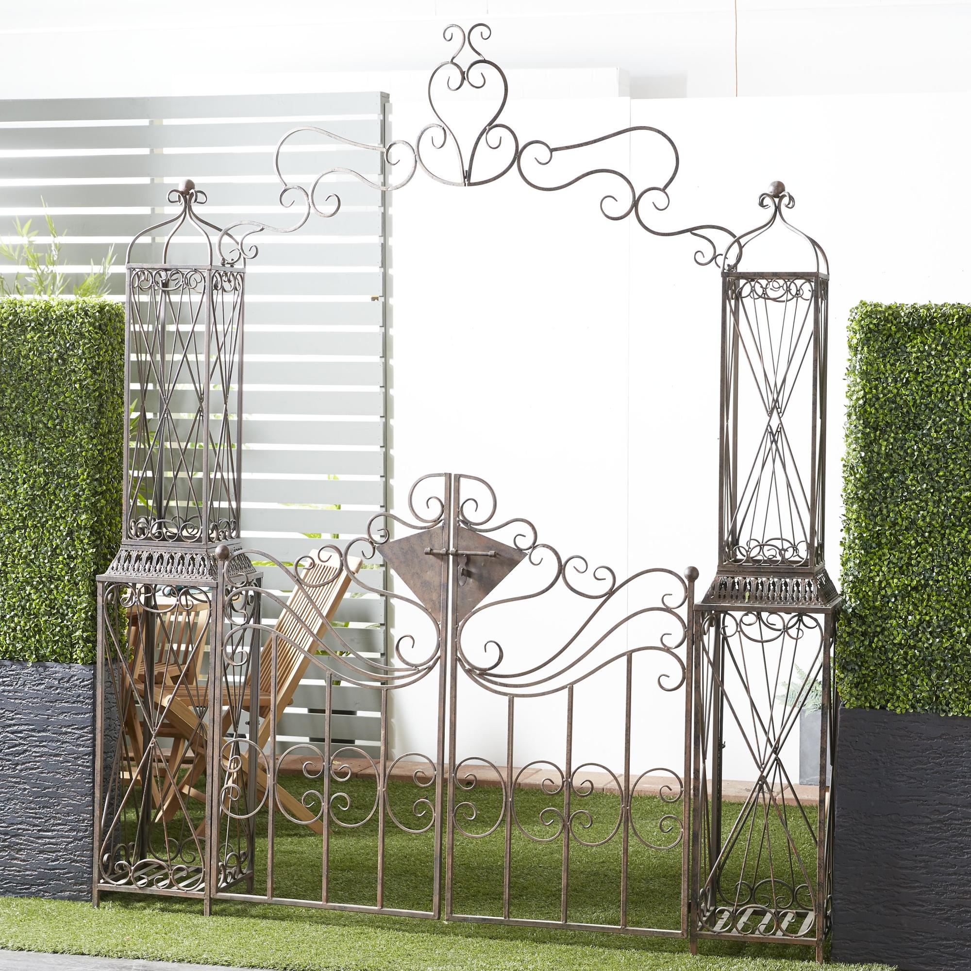 Scroll Bronze Metal Indoor Outdoor Arched Gate Indoor Outdoor Garden Arbor with Pillars and Latch Lock Closure