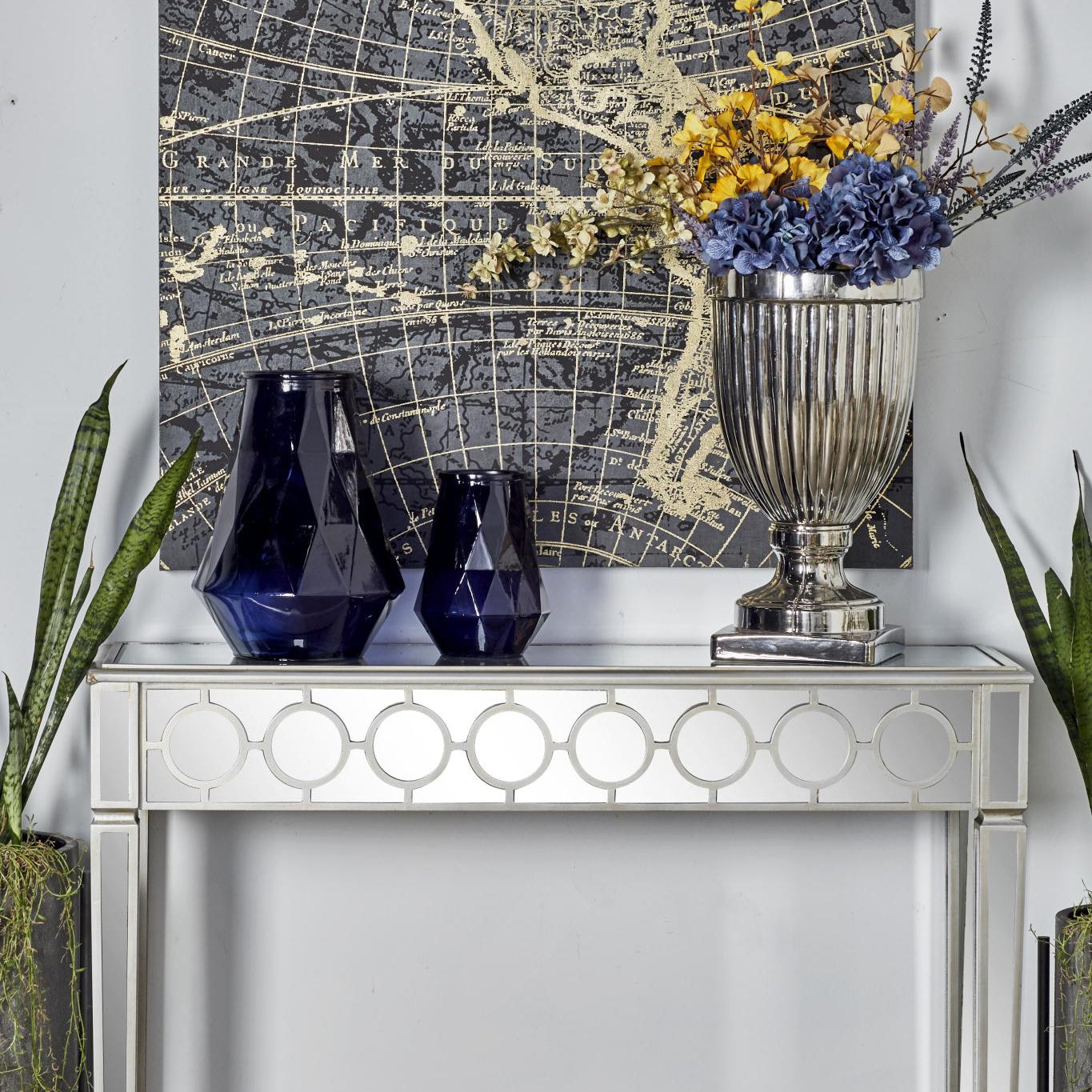 Geometric Silver Glass Mirrored Living Room Console Table with Circular Panel Inlay