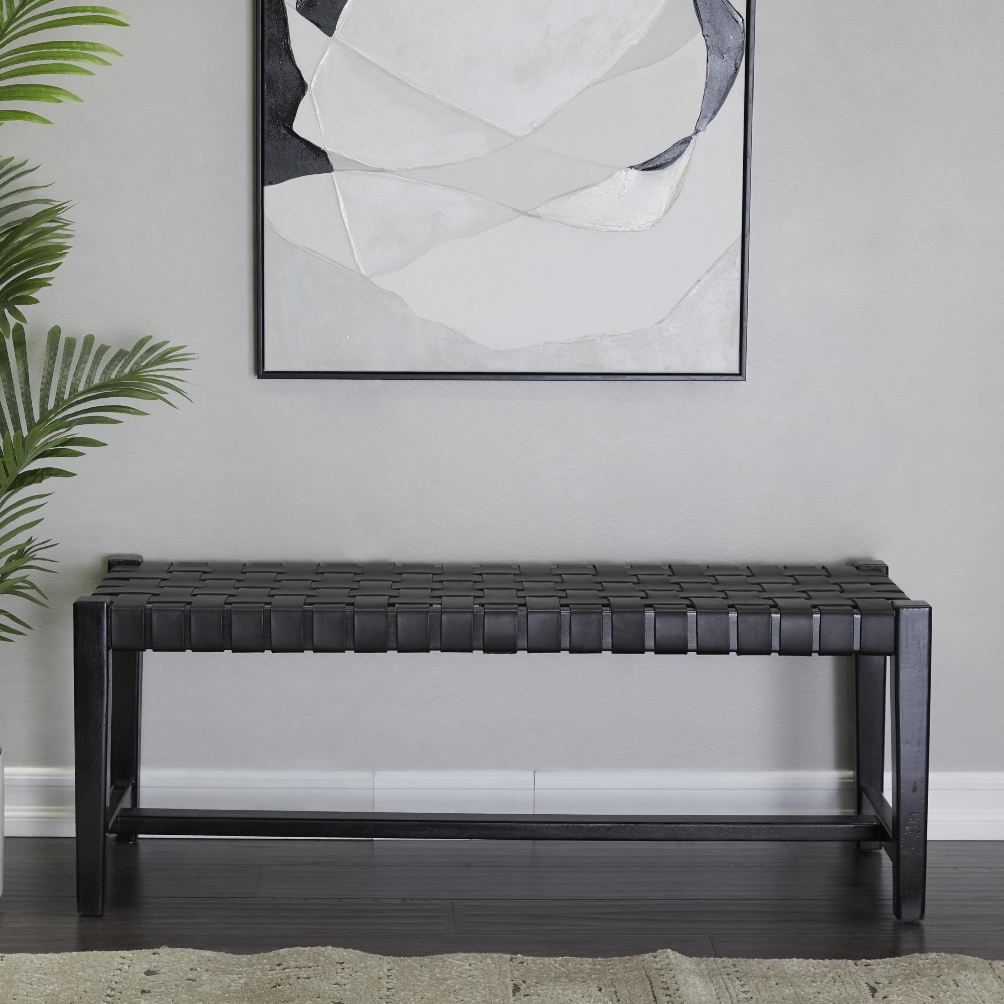Black Leather Handmade Woven Home Bench with Teak Wood Frame
