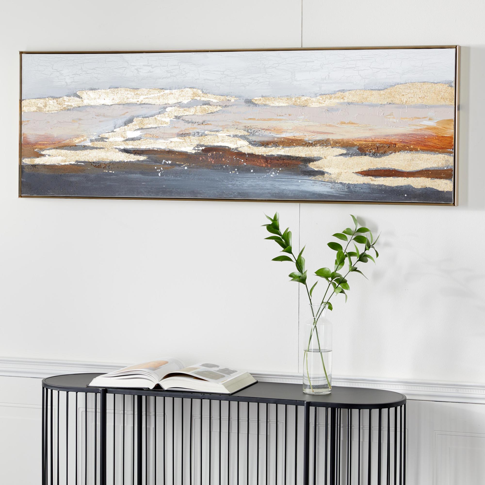 Geode Gold Canvas Foiled and Brushstrokes Living Room Framed Wall Art with Gold Frame