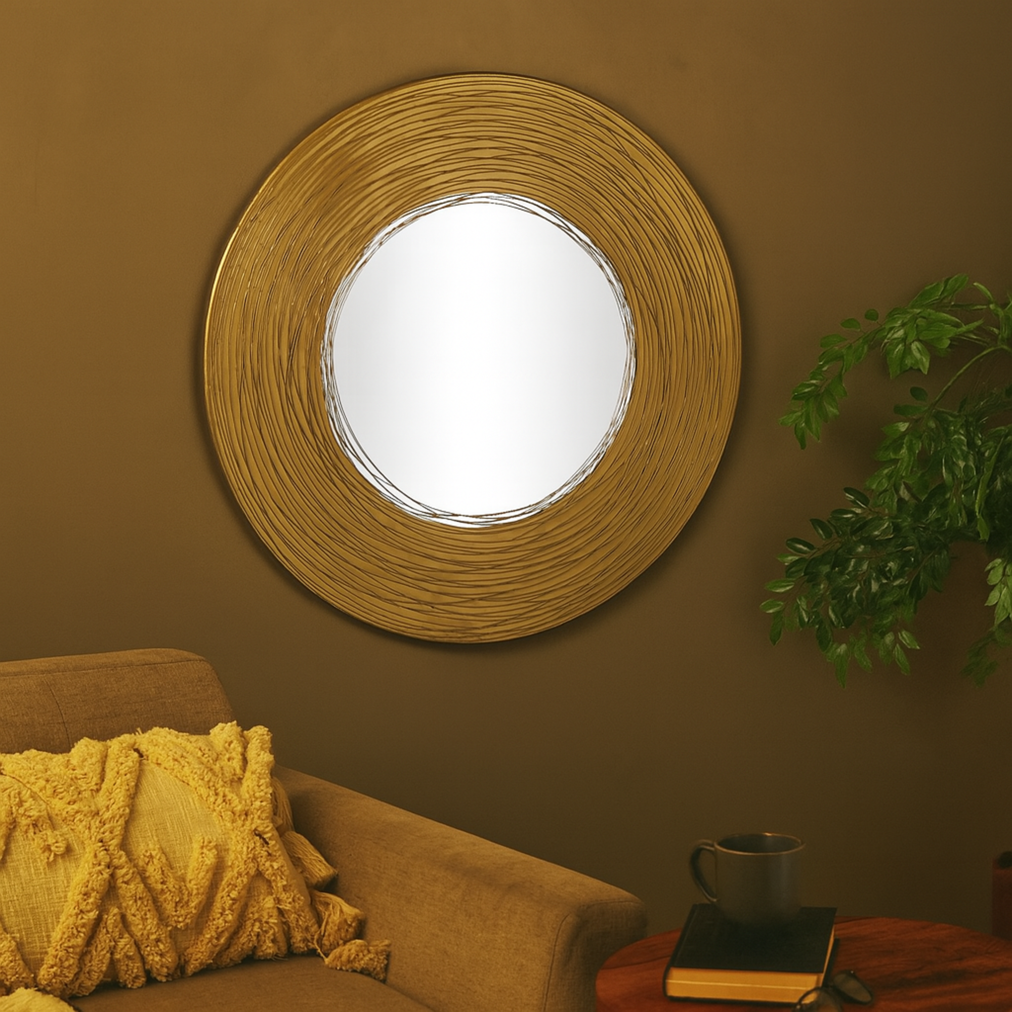 Abstract Gold Metal Room Wall Mirror with Overlapping Wire Rings