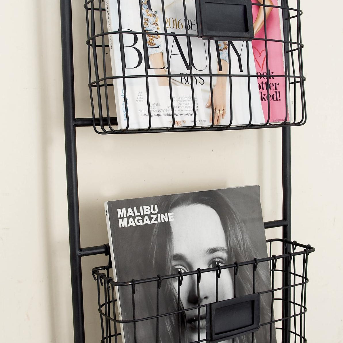 Black Metal Suspended Wire Basket 5 Slot Decorative Magazine Rack Holder with Label Slot