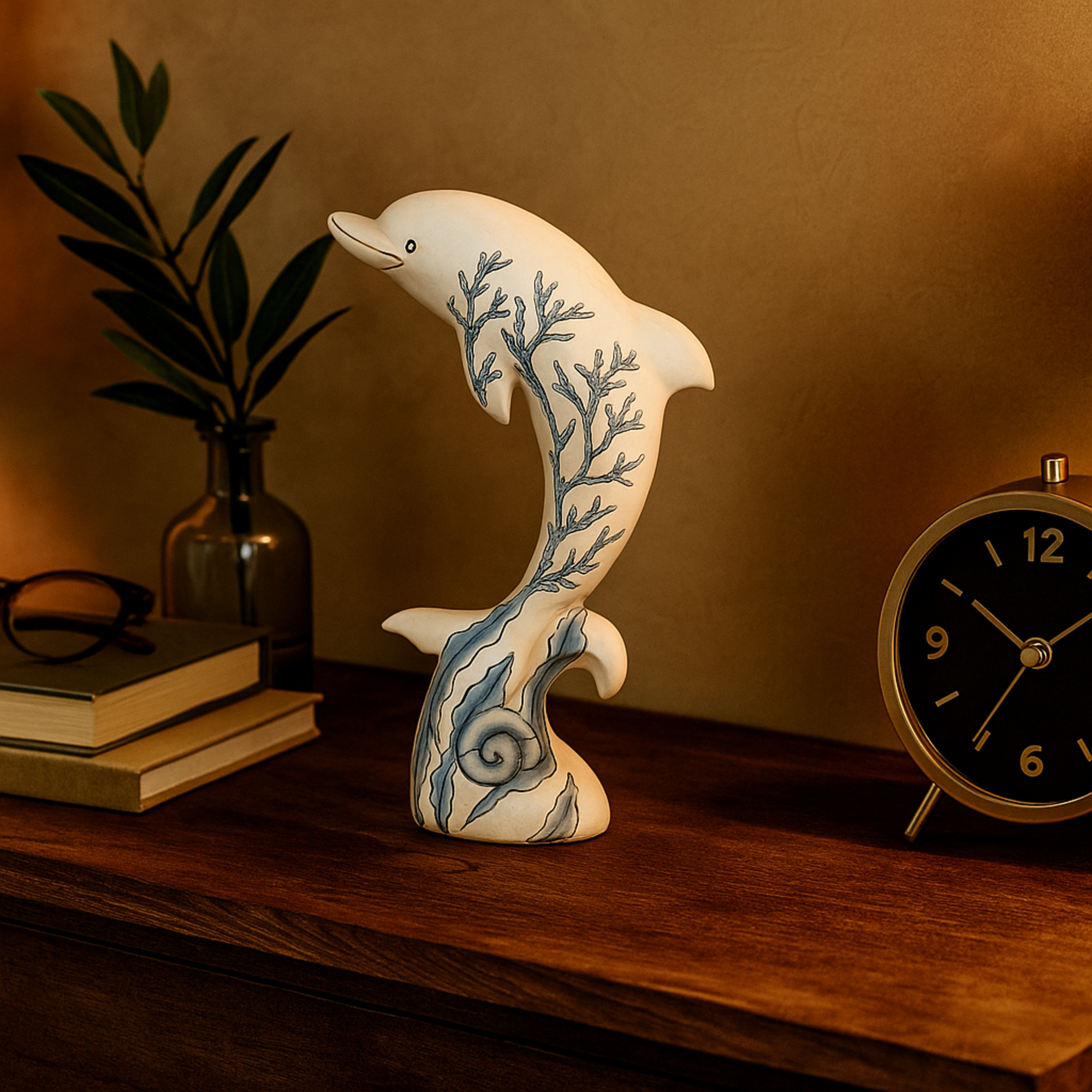 Dolphin White Polystone Curved Decorative Sculpture with Blue Coral Patterns