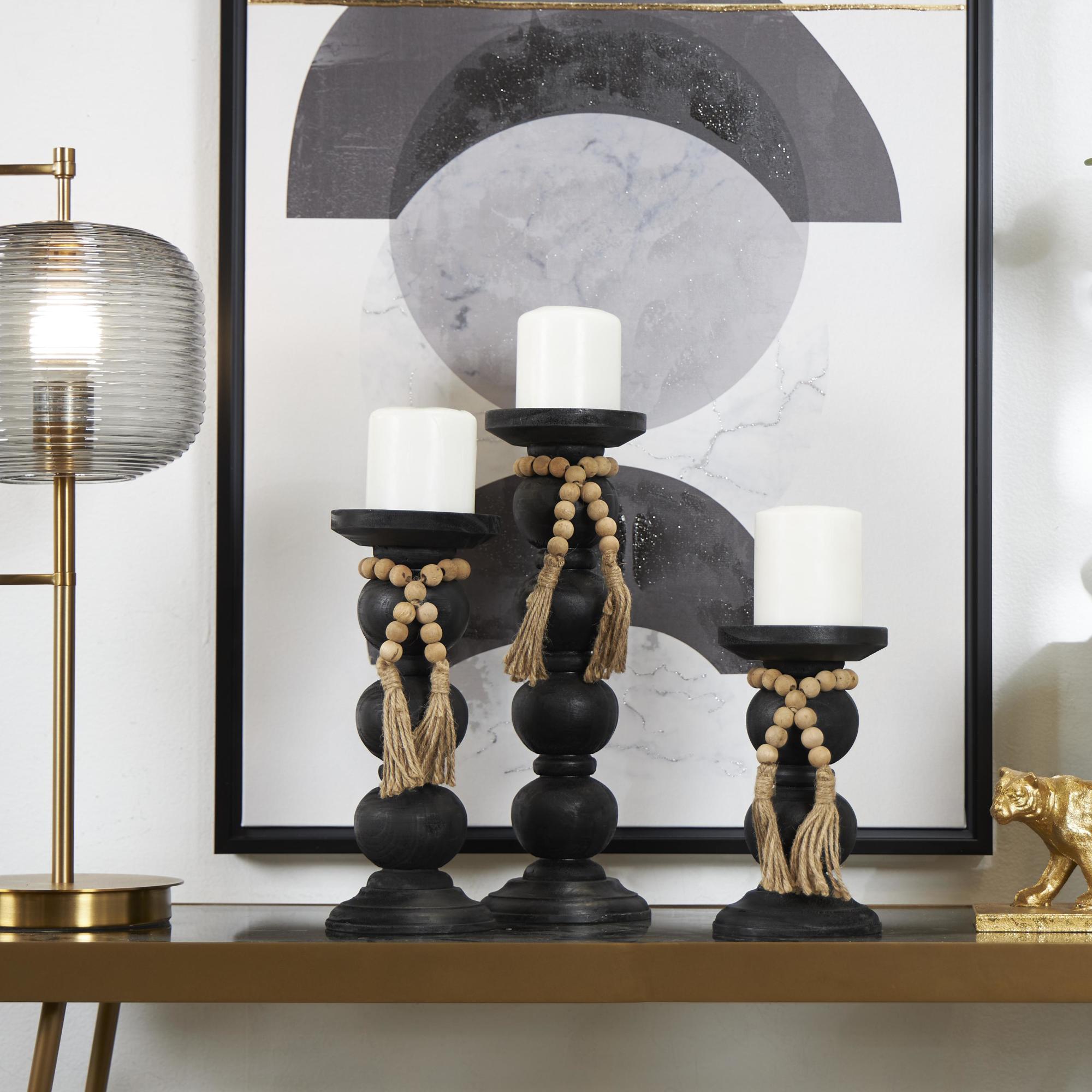 Set of 3 Black Wood Handmade Bubble Inspired Matte Decorative Candle Holder with Beaded Garland Accent