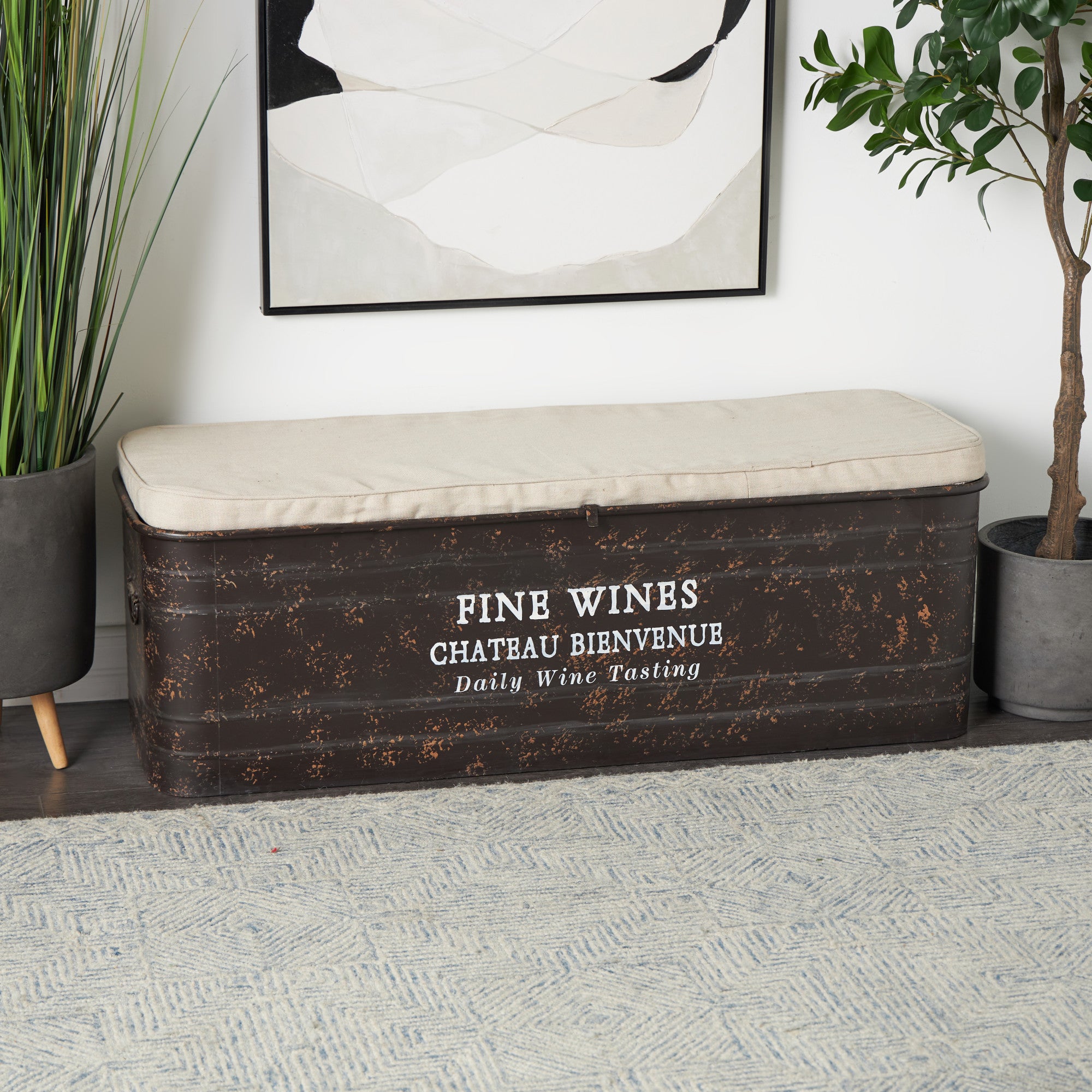 Text Brown Metal Room Storage Bench with Cream Burlap Top and Champagne Typography