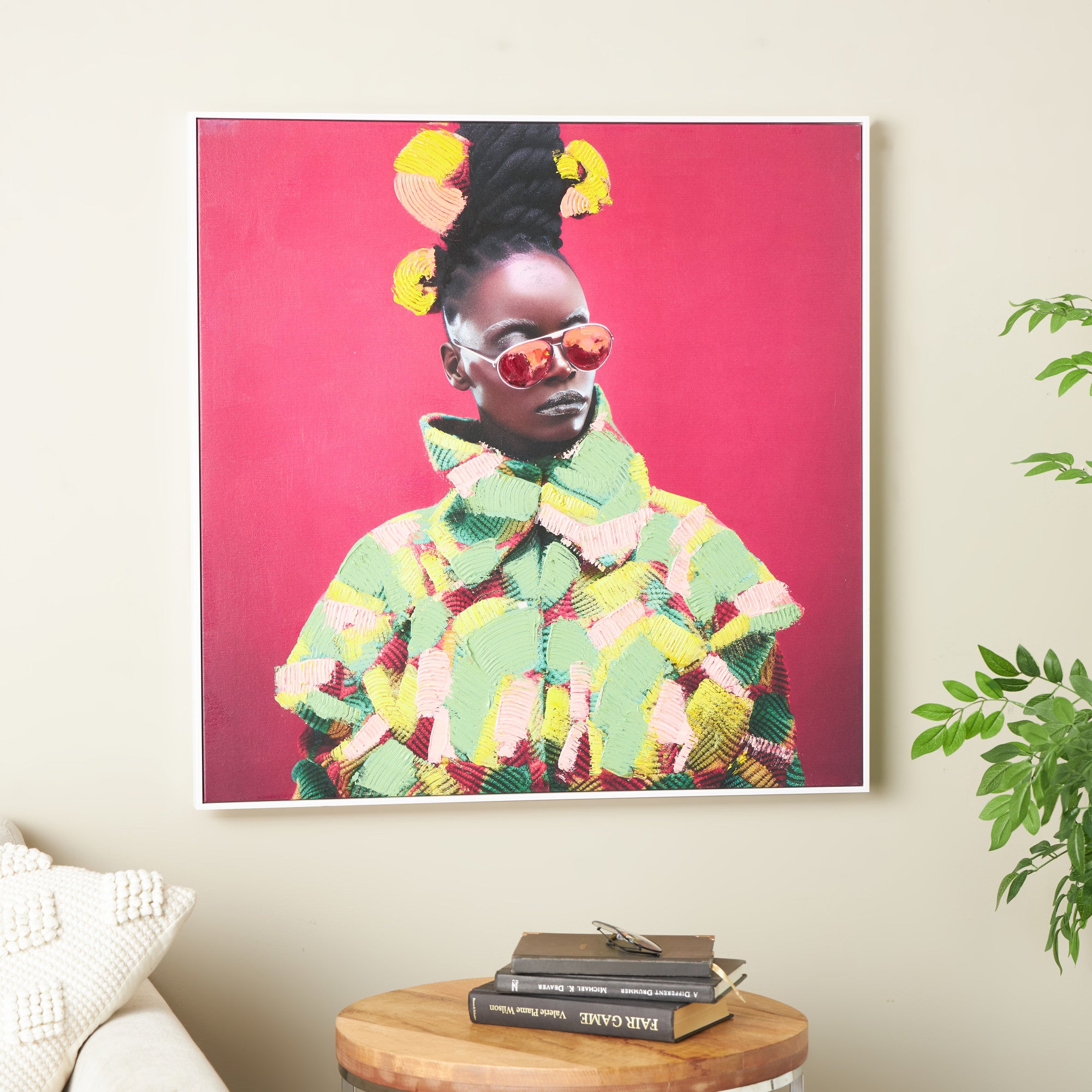 Woman Pink Canvas Chic Living Room Framed Wall Art with Green and Yellow Dresswear