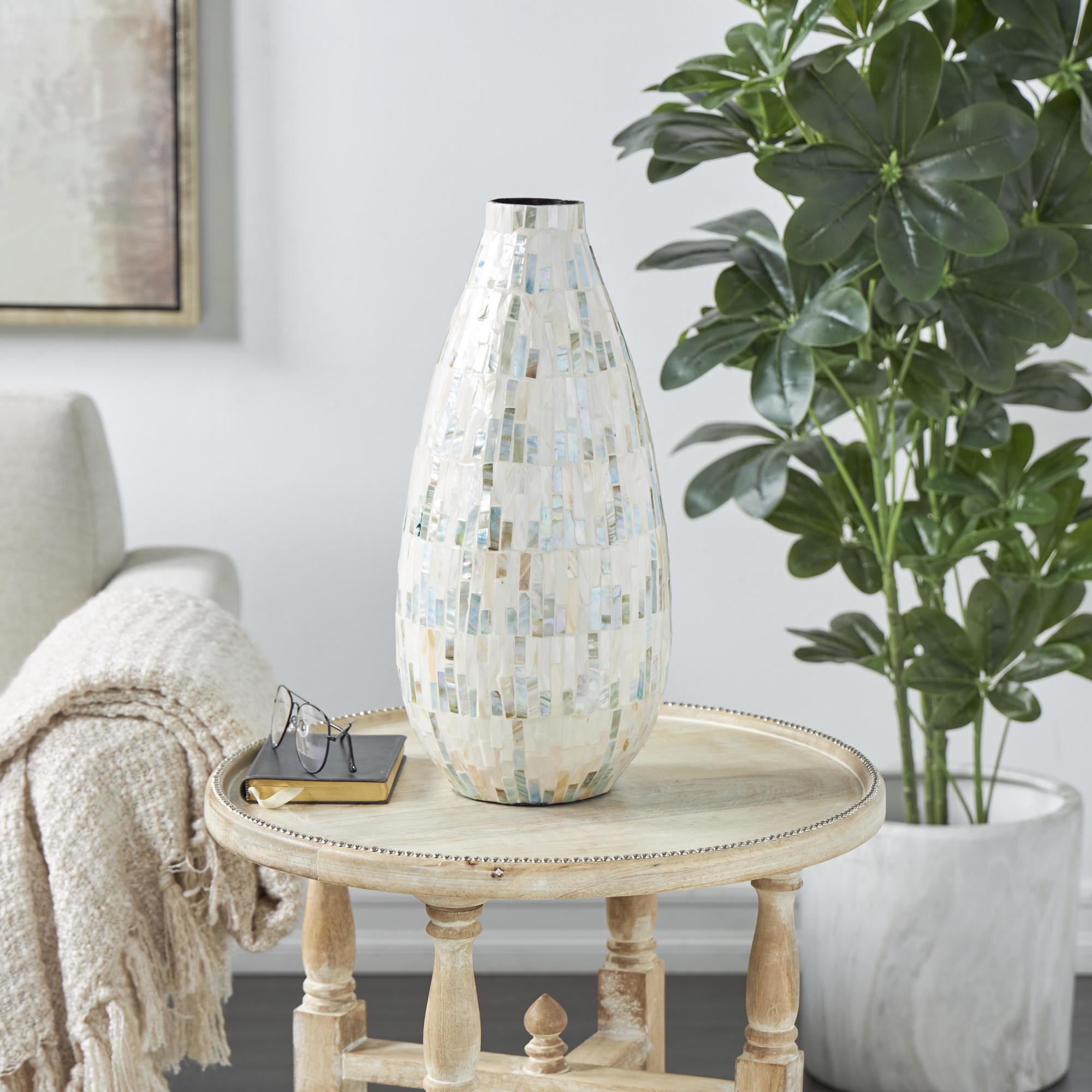 White Mother of Pearl Shell Handmade Mosaic Inspired Decorative Vase with Pastel Blue and Pink Accents