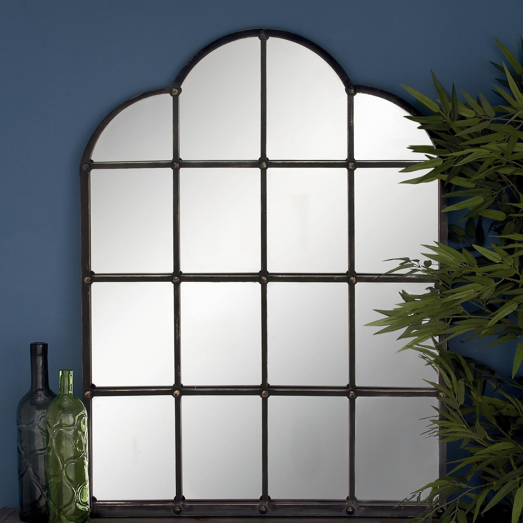 Black Metal Window Pane Inspired Room Wall Mirror with Arched Tops and Studs