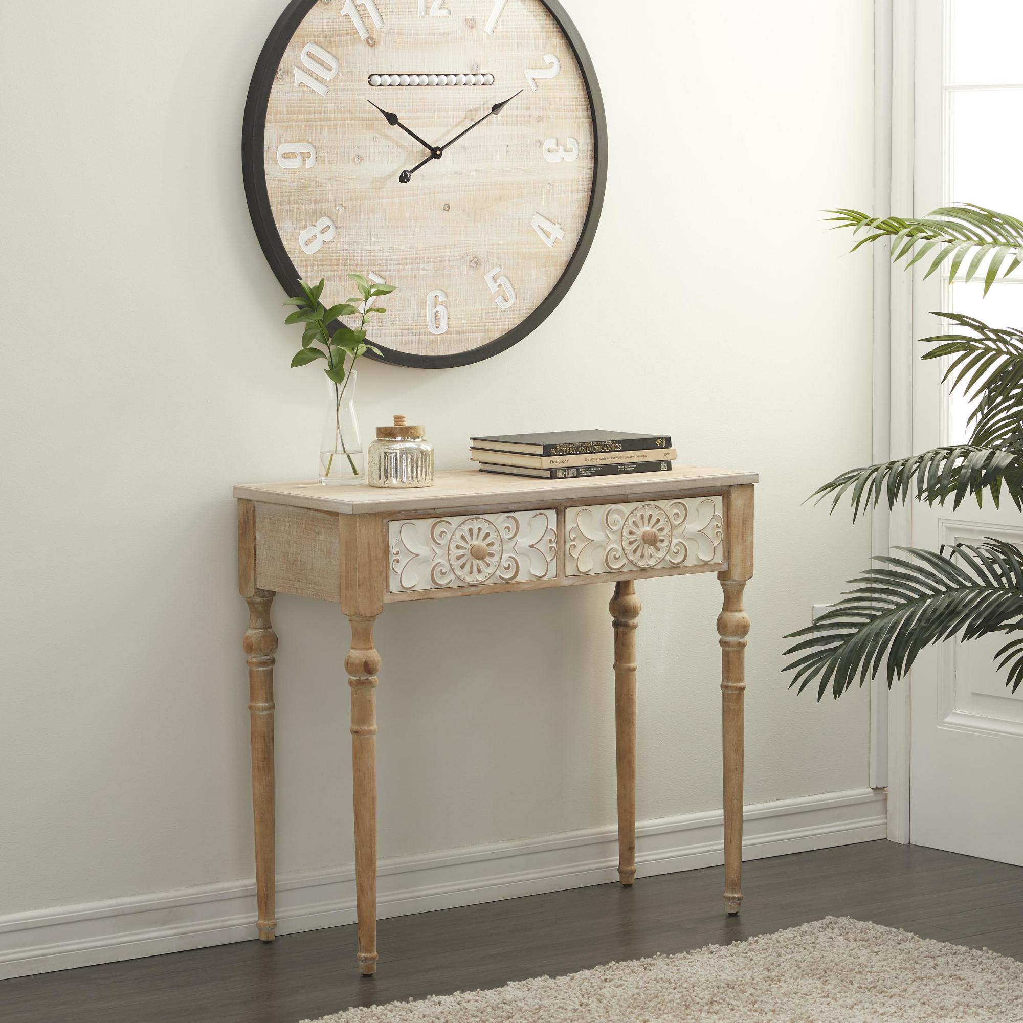 Floral Brown Wood Intricately Carved 2 Drawer Living Room Console Table