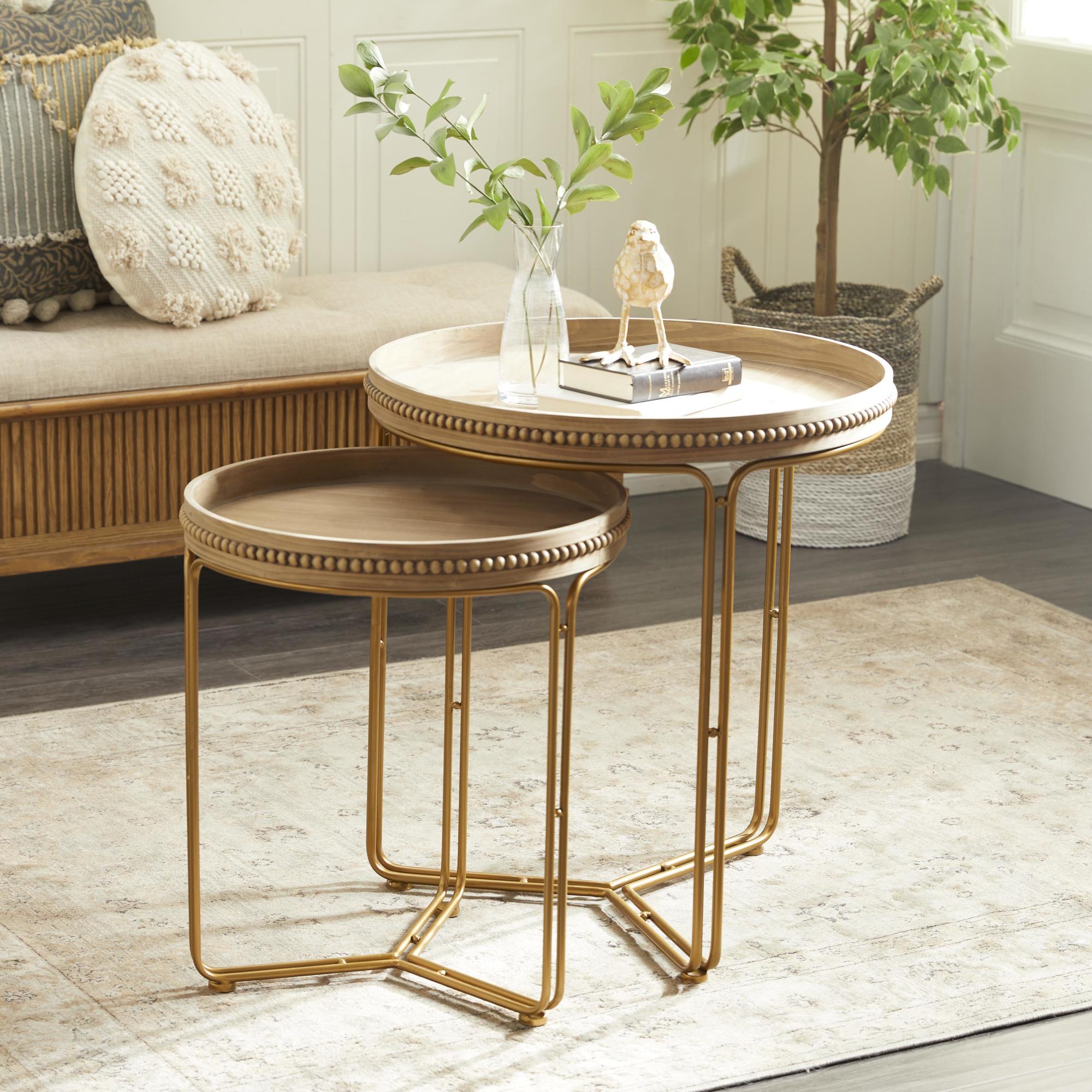 Set of 2 Brown Wooden Round Beaded Nesting Side End Accent Table