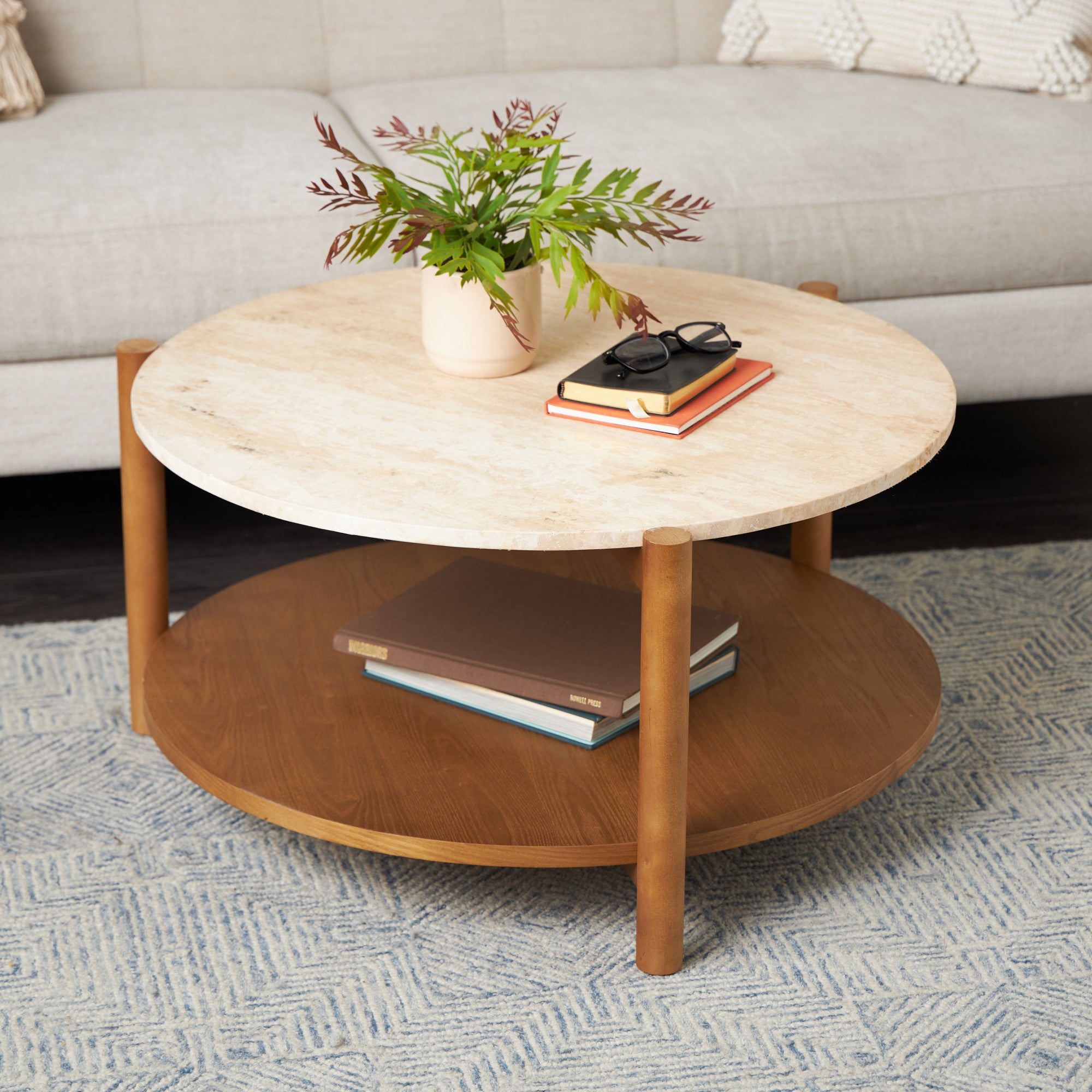 Brown Wood Living Room Coffee Table with Beige Round Marble Top
