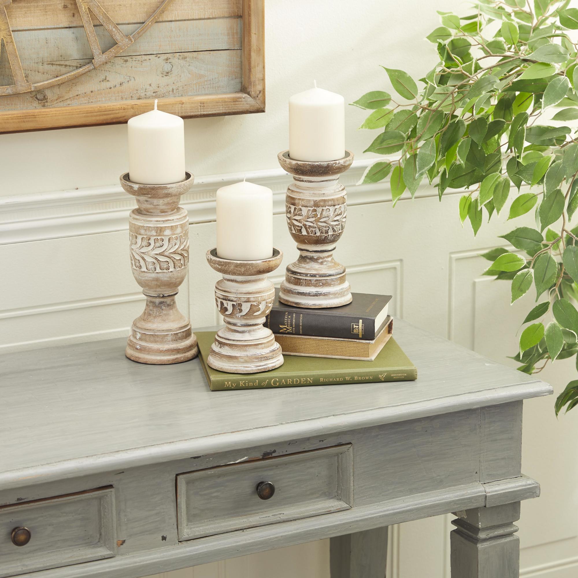 Set of 3 Floral Brown Mango Wood Handmade Whitewashed Turned Decorative Candle Holder
