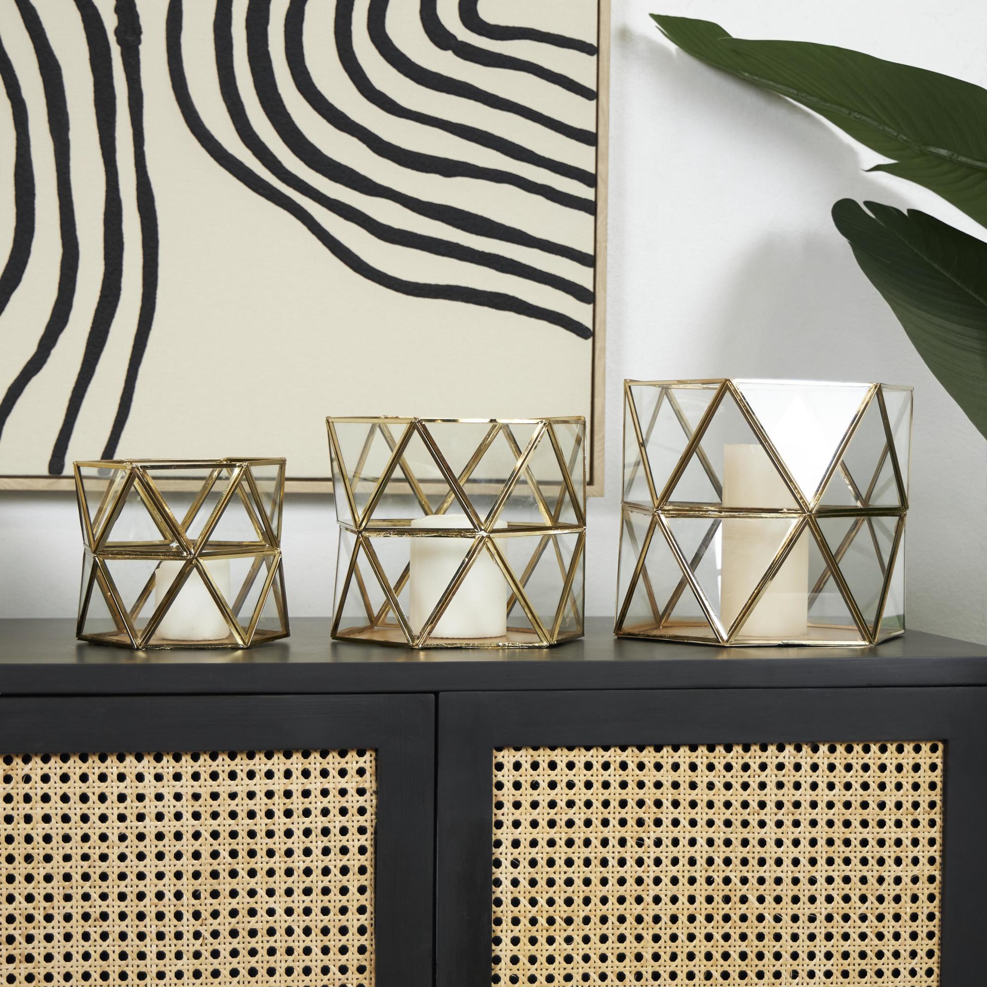 CosmoLiving by Cosmopolitan Set of 3 Geometric Gold Metal Diamond Patterned Hexagon Indoor Outdoor Candle Lantern