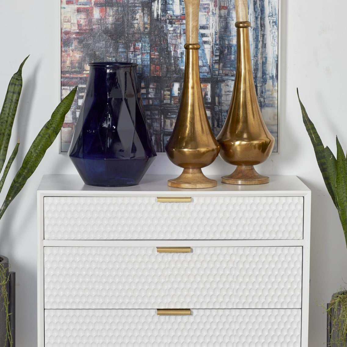 Geometric White Wooden 3 Drawer Room Chest with Gold Legs