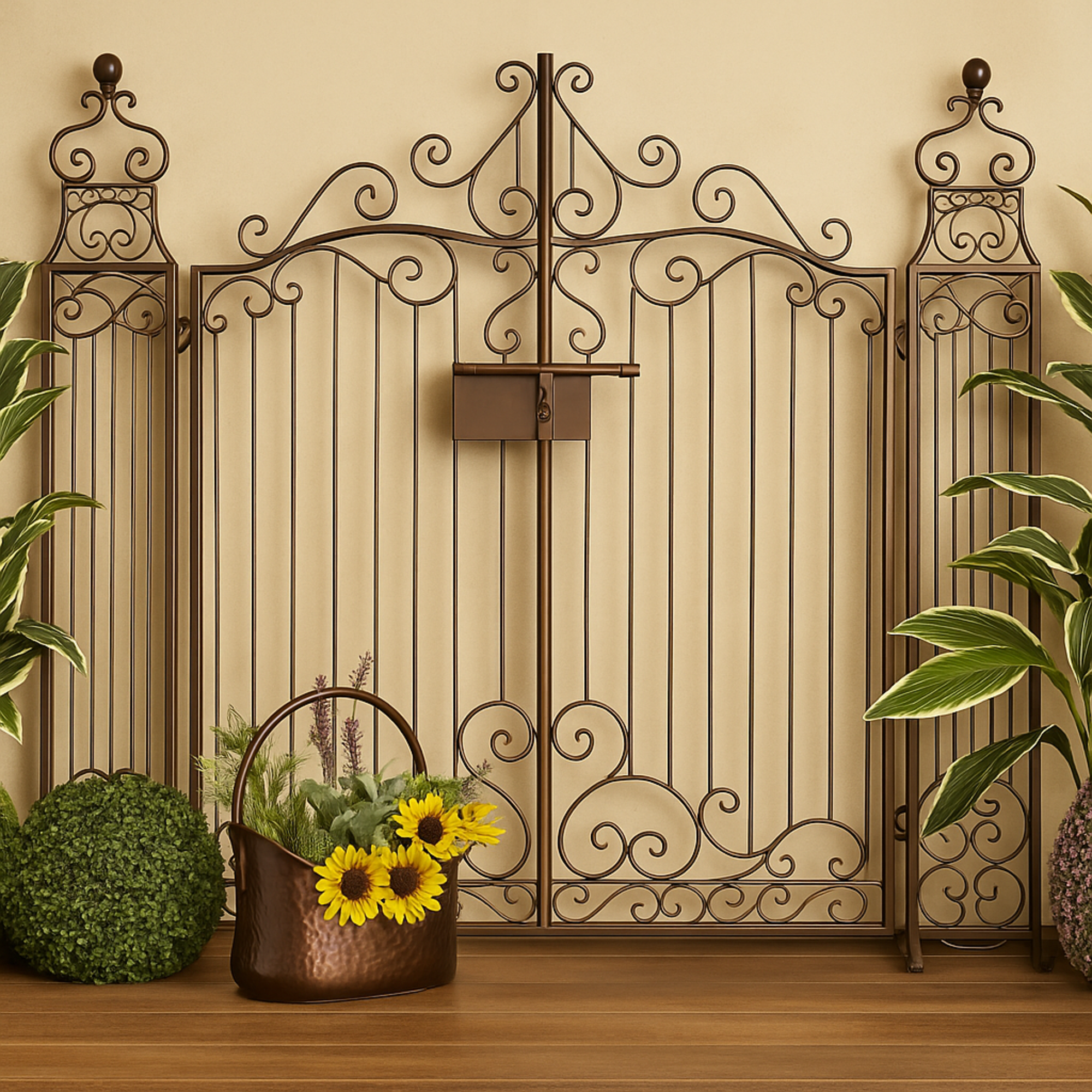 Scroll Dark Brown Metal Indoor Outdoor Arched Gate Indoor Outdoor Garden Arbor with Latch Lock Closure