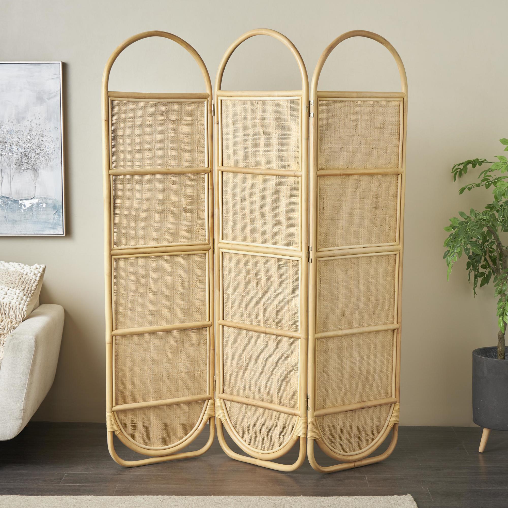 Geometric Light Brown Rattan Woven Arched Oval 3 Panel Partition Room Divider Screen