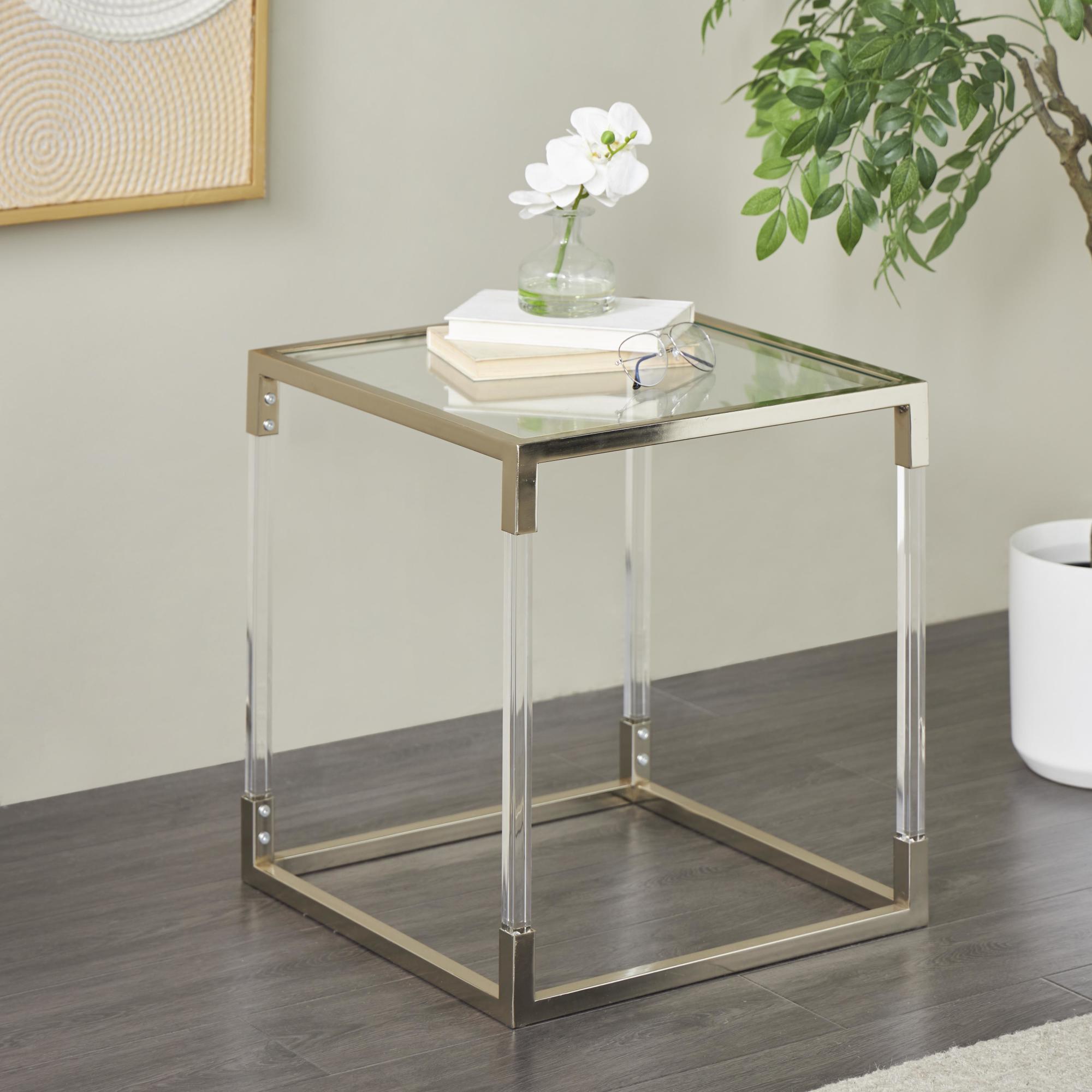 Metal Side End Accent Table with Clear Glass Top and Acrylic Legs