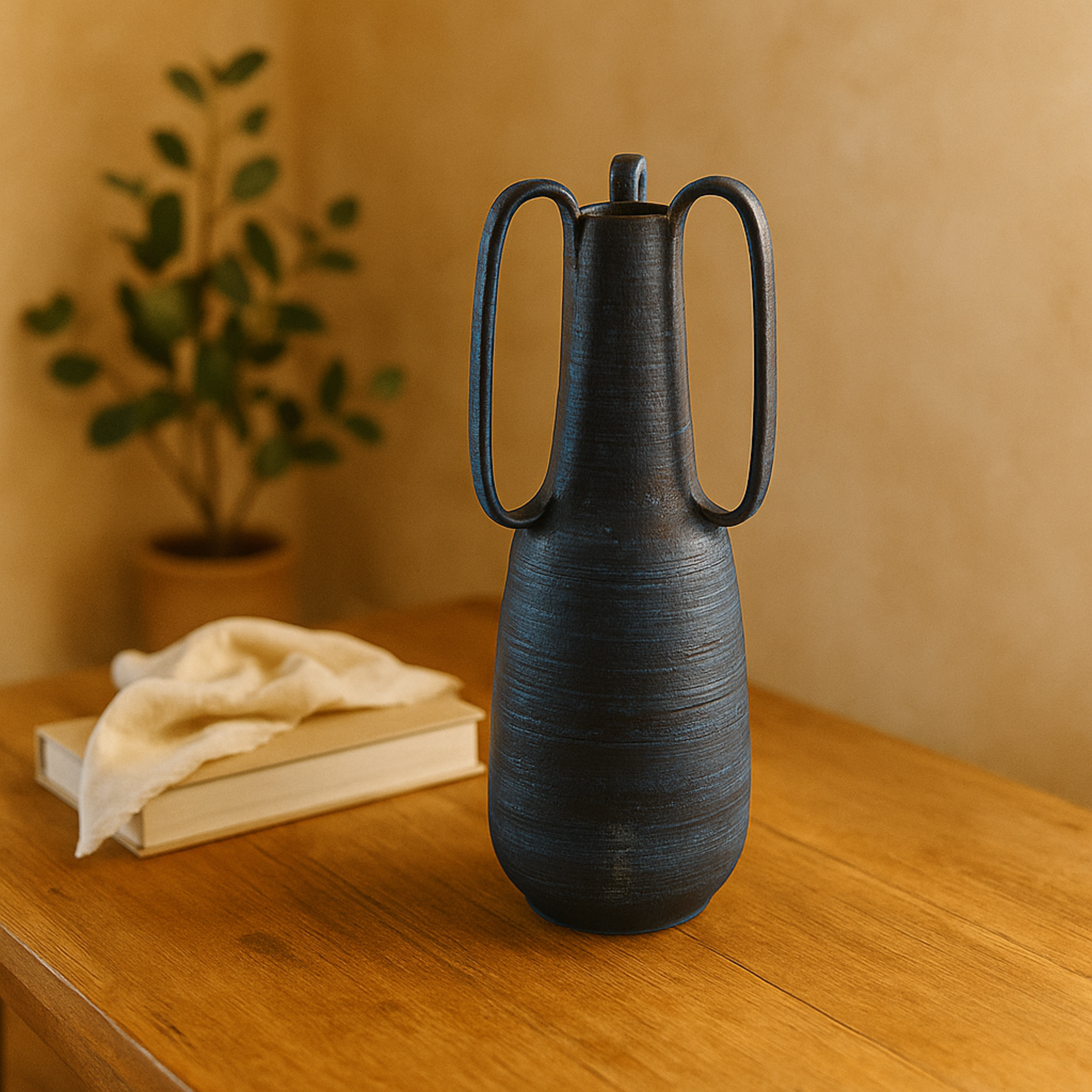 Blue Ceramic Decorative Vase with Handles