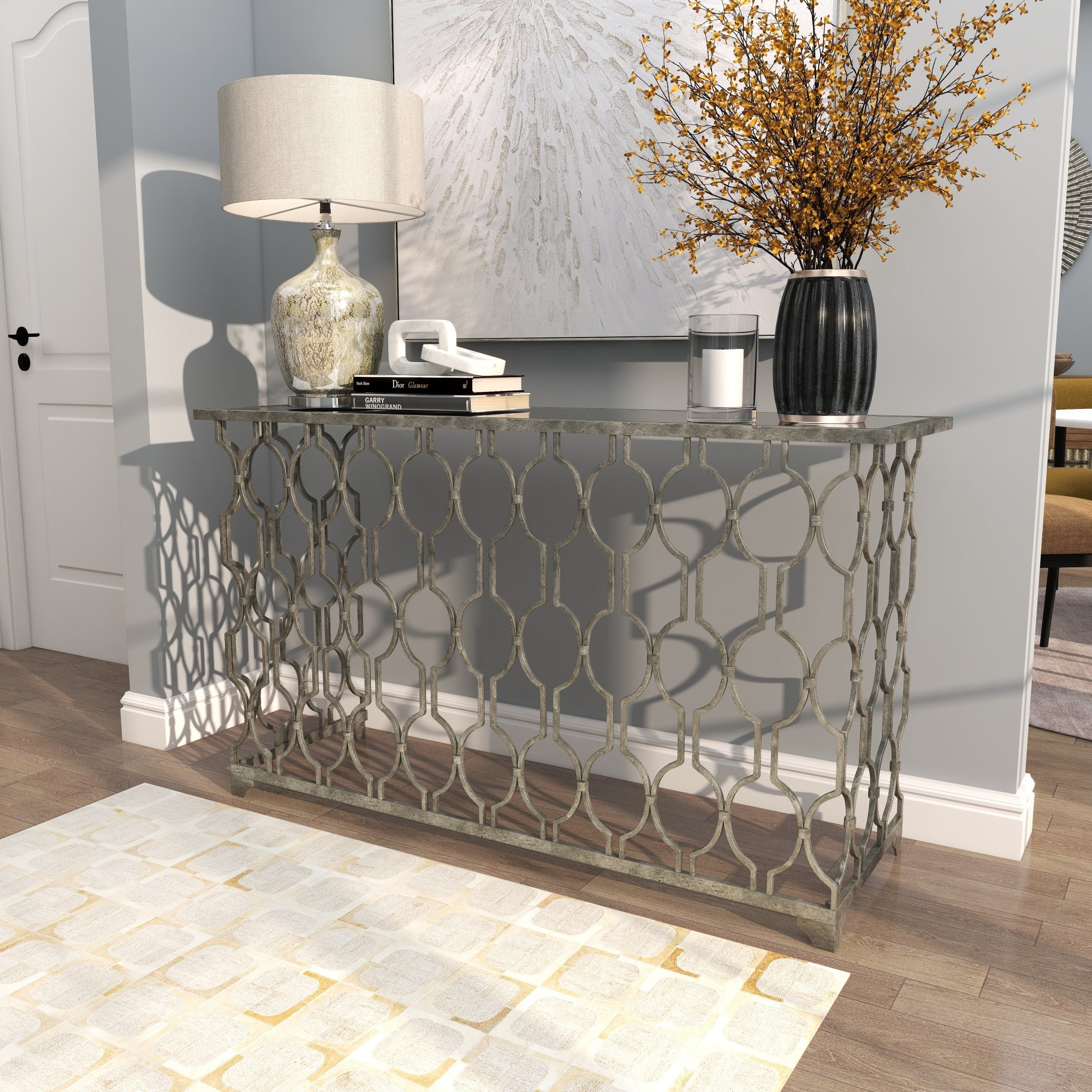 Geometric Silver Metal Rectangular Living Room Console Table with Mirrored Glass Top