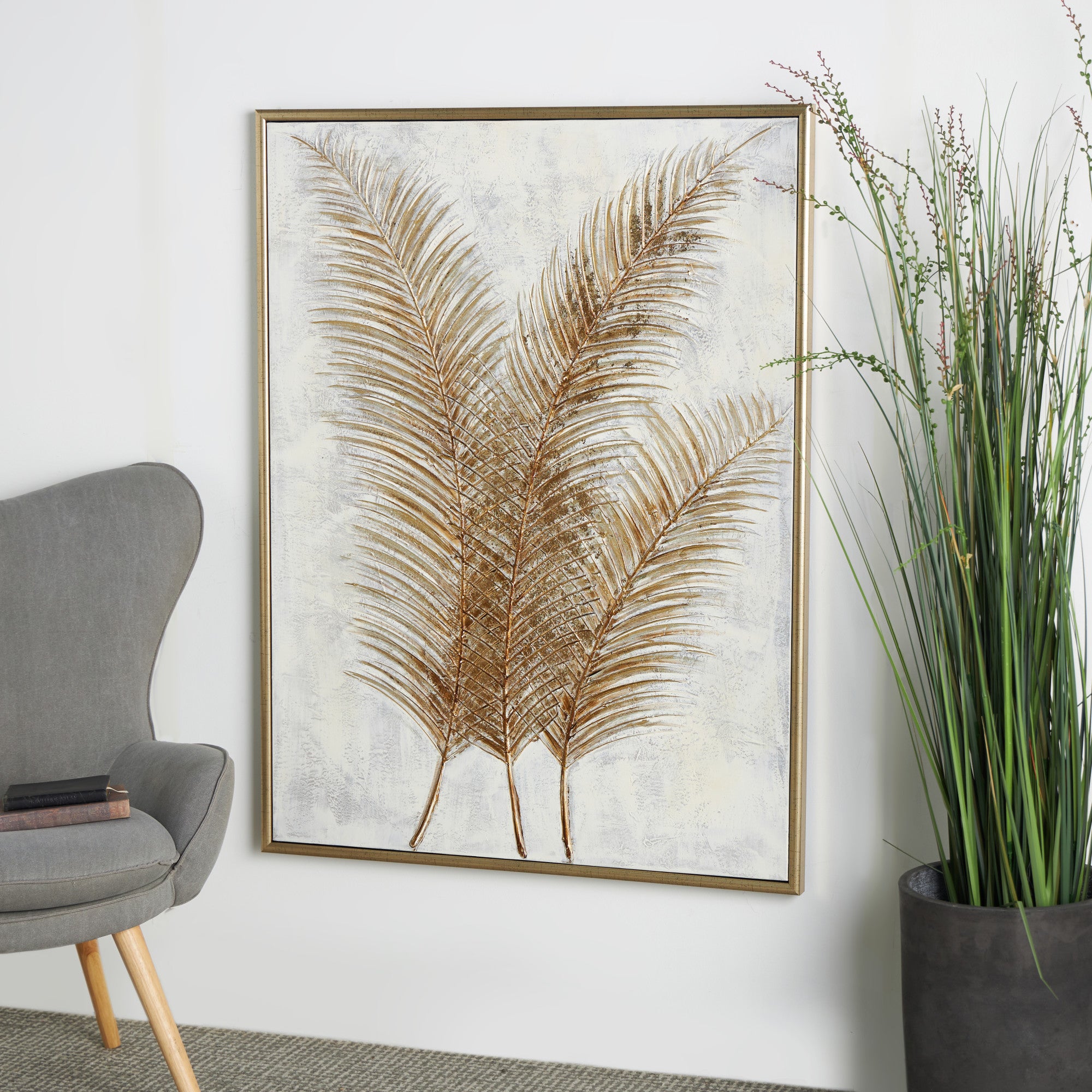CosmoLiving by Cosmopolitan Leaf Gold Canvas Living Room Framed Wall Art with Silver Frame