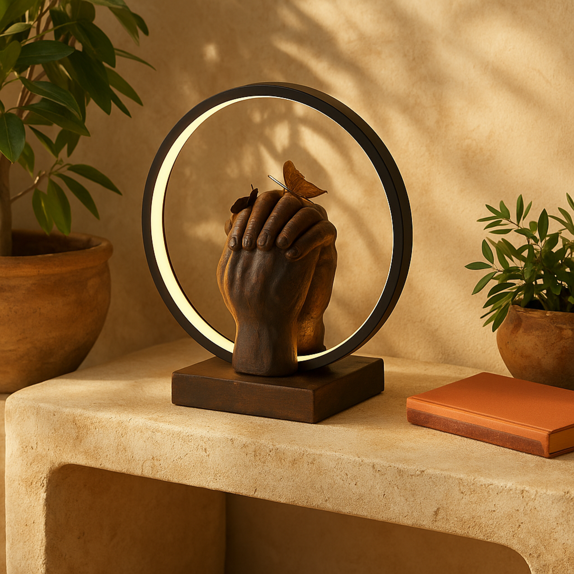 Hands Black Resin Holding Room Table Lamp with Butterfly Accents