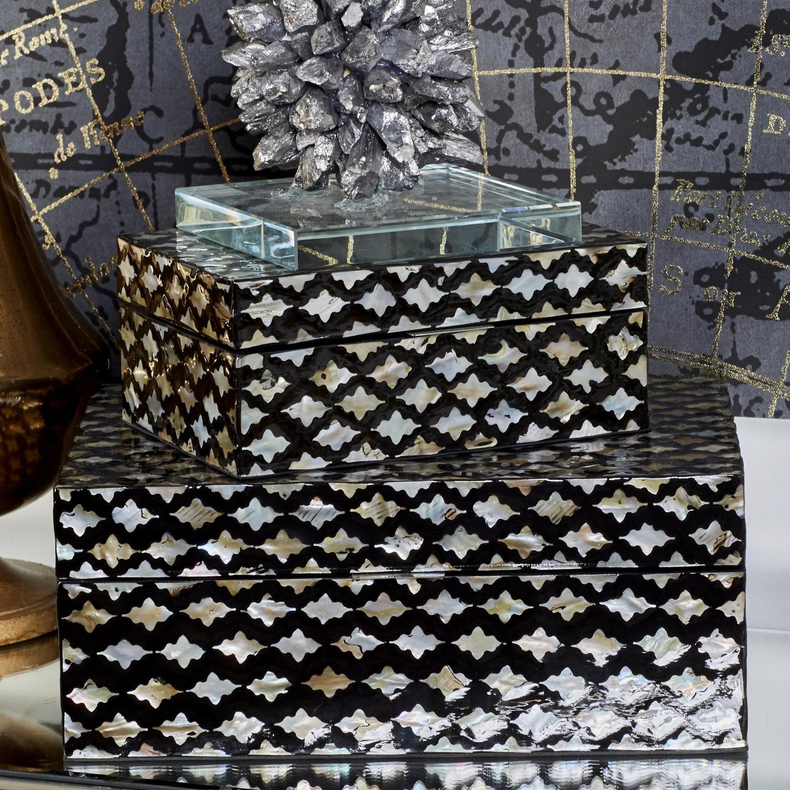 Set of 2 Moroccan Black Mother of Pearl Shell Decorative Box with Hinged Lid