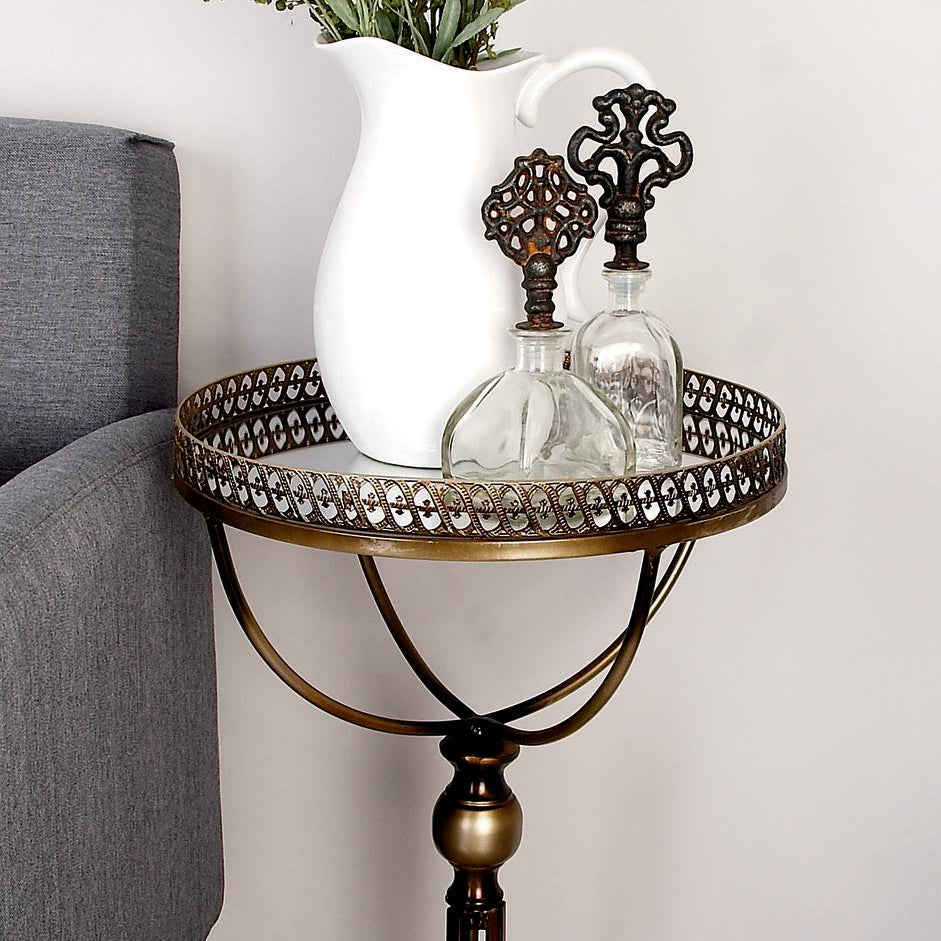 Brass Metal Vintage Inspired Side End Accent Table with Mirrored Glass Tray Top