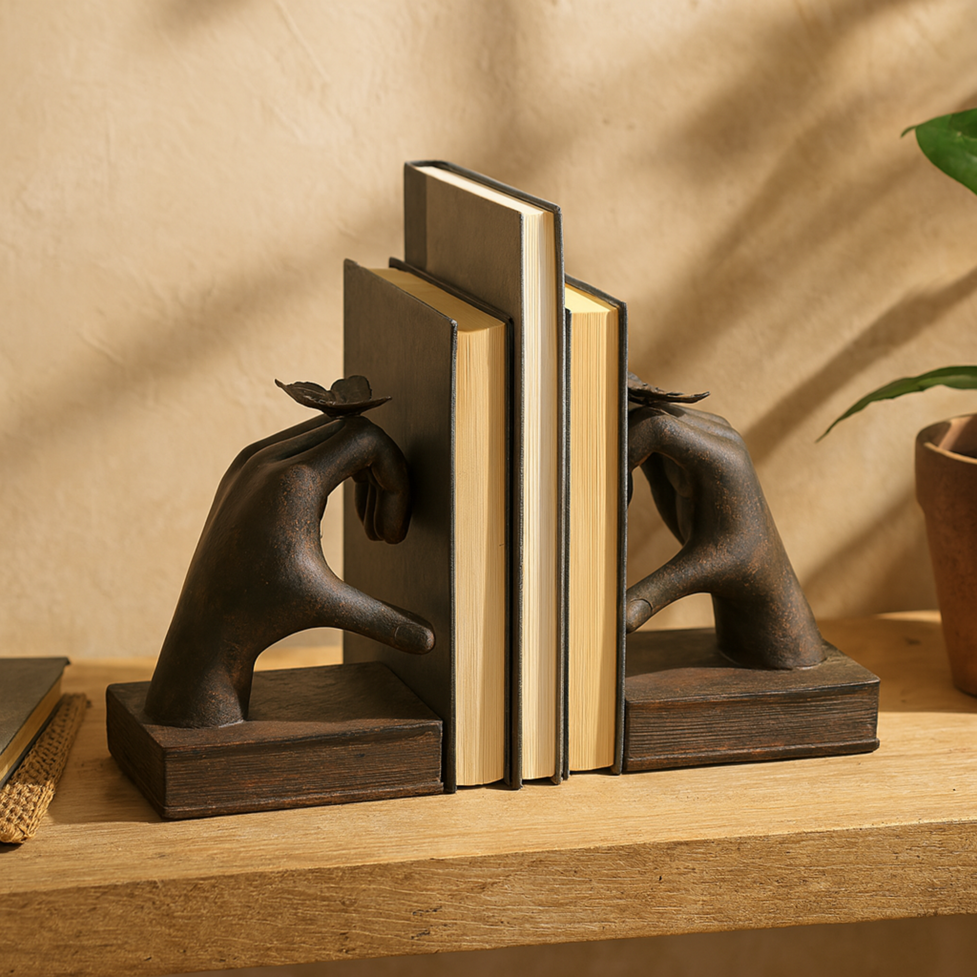 Set of 2 Hands Dark Brown Resin Heart Inspired Decorative Bookends with Butterfly and Copper Accents