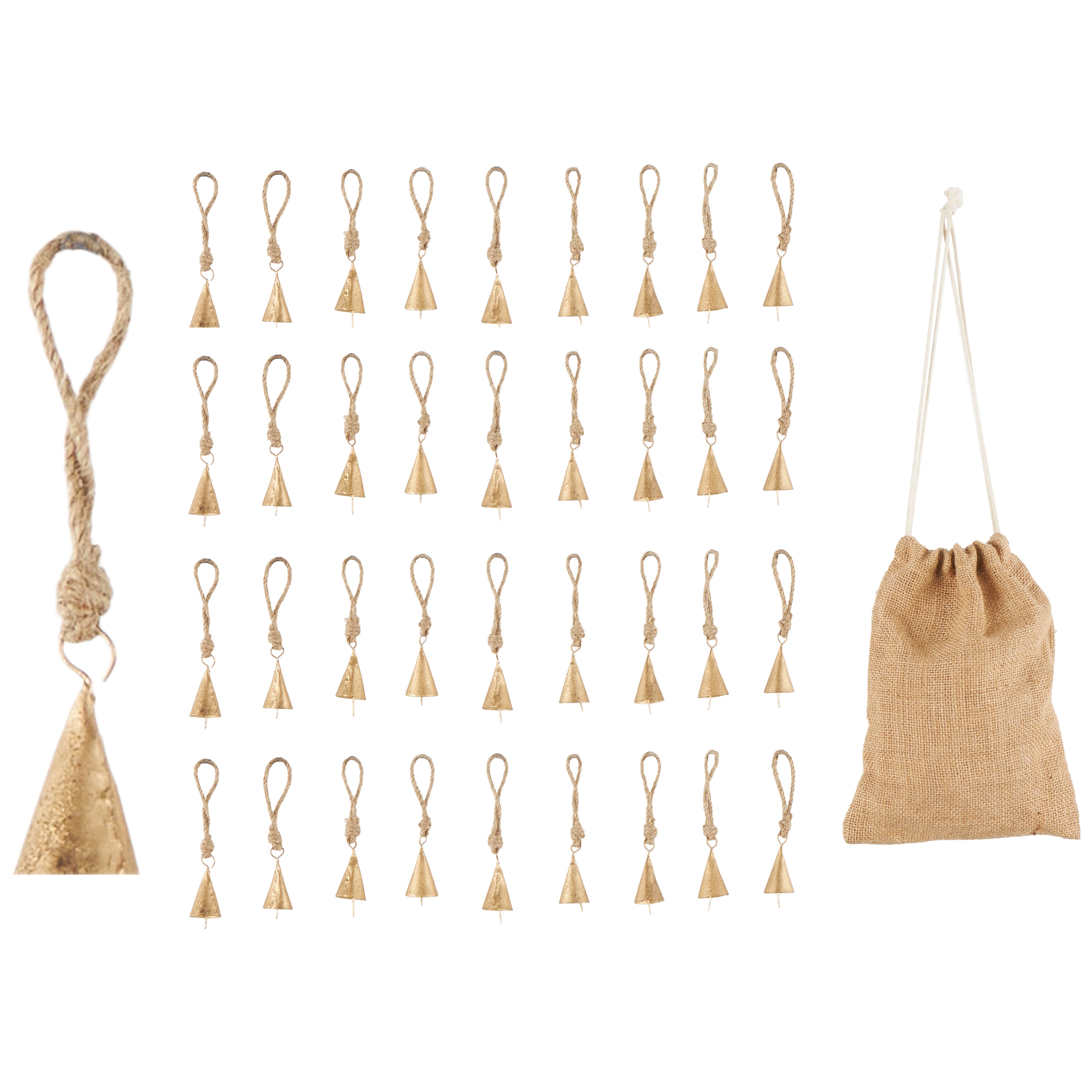 Set of 36 Bell Gold Metal Tibetan Inspired Indoor Outdoor Decorative Bells with Brown Jute Rope and Canvas Tote