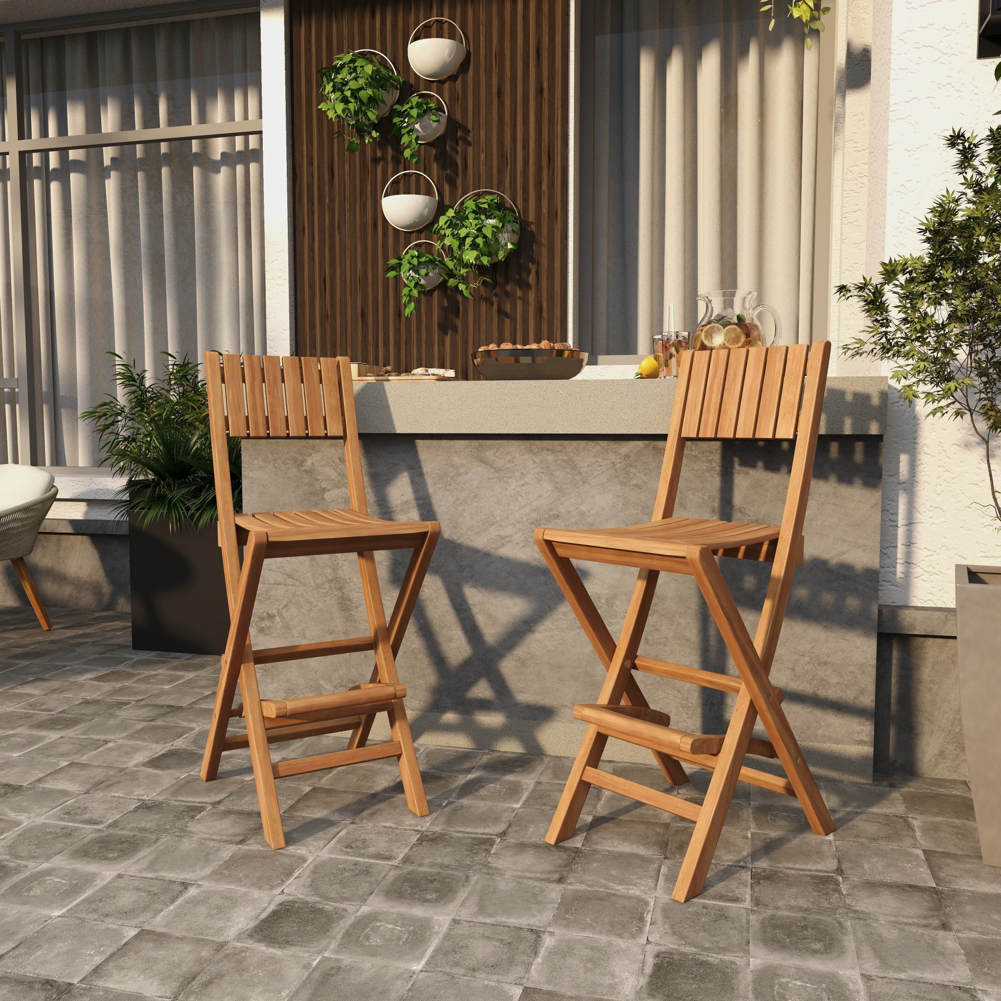 Set of 2 Brown Teak Wood Indoor Outdoor Slatted Folding Kitchen Bar Stool with Footrest