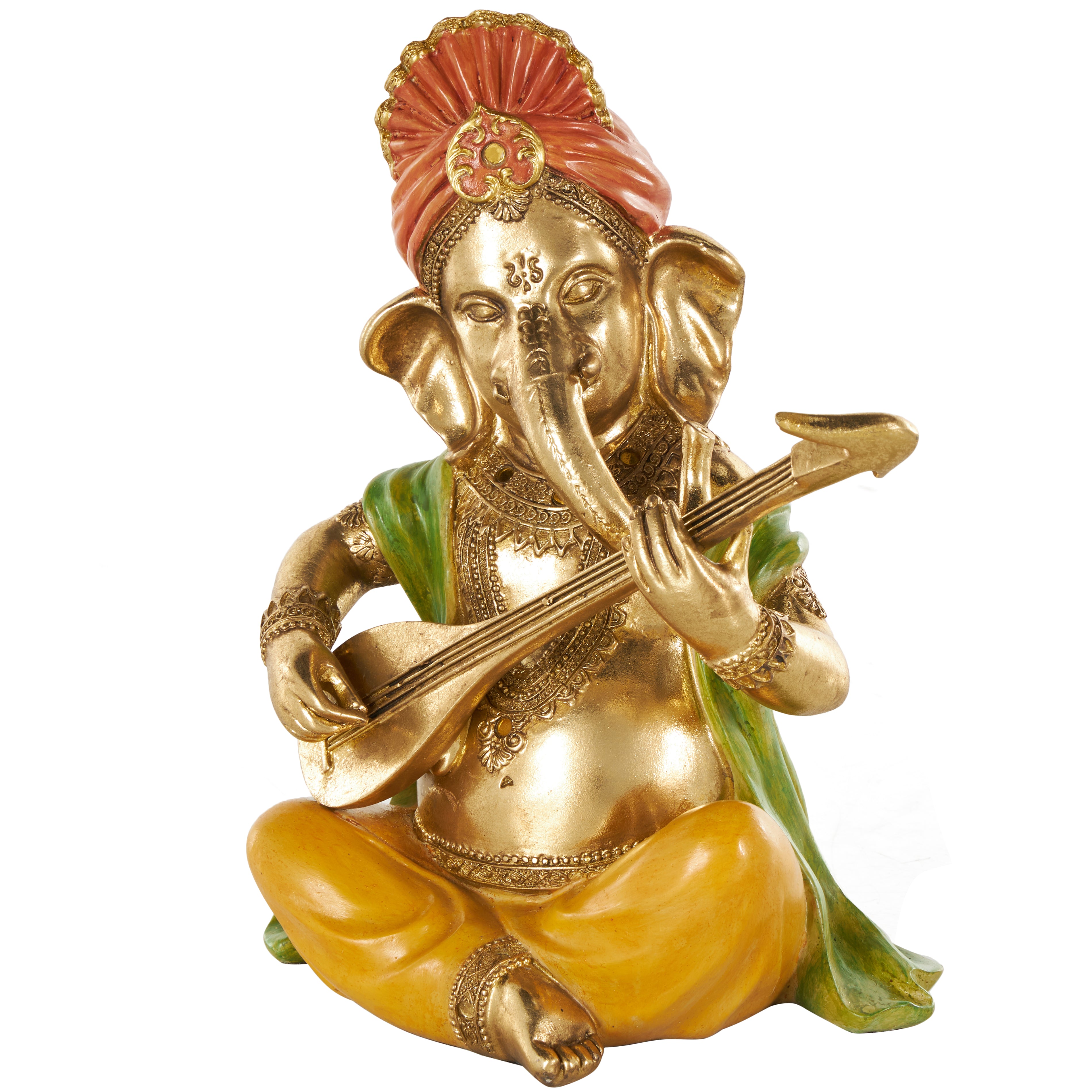 Ganesh Gold Resin Musician Decorative Sculpture with Green, Yellow, and Red Accents