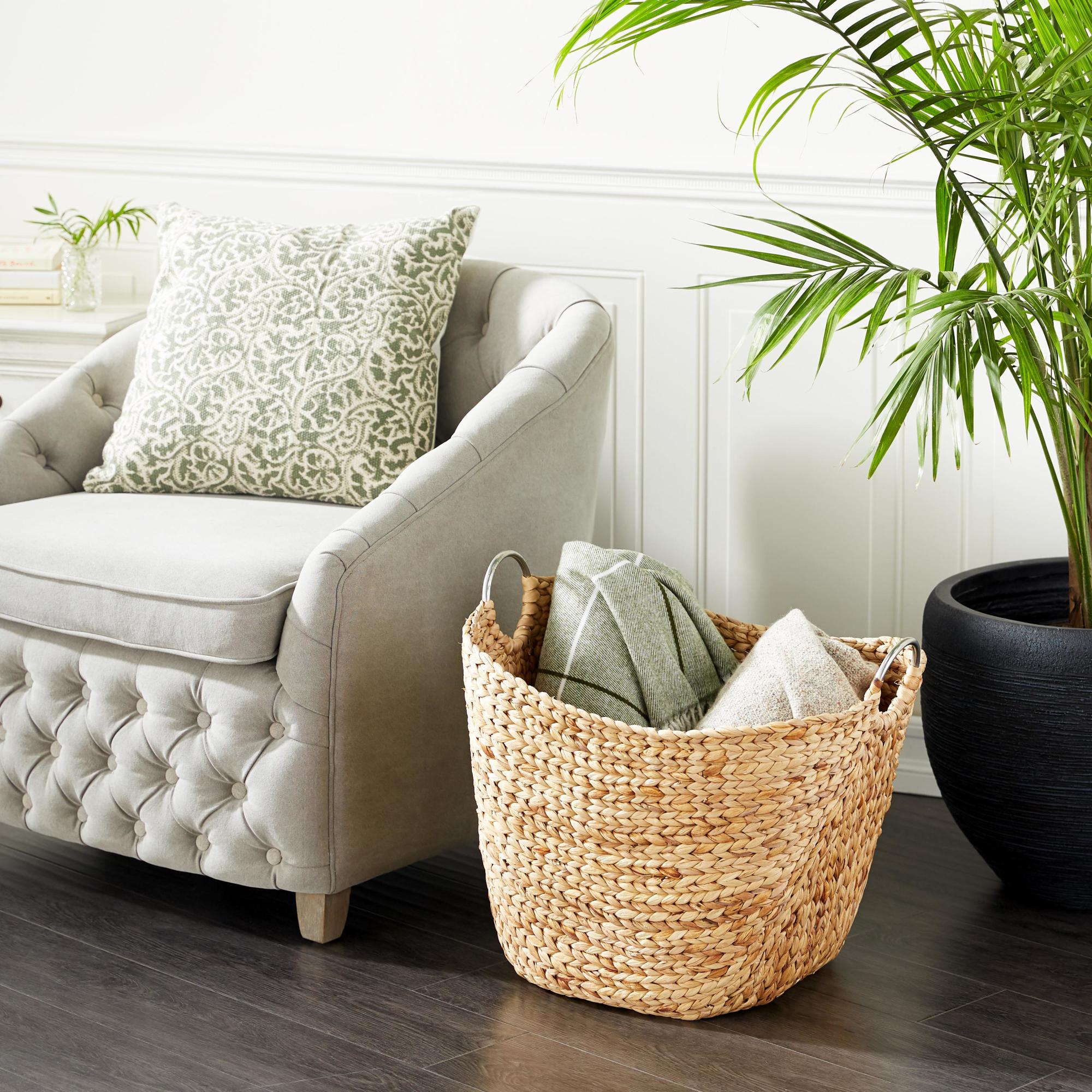 Brown Seagrass Handmade Large Woven Decorative and Functional Storage Basket with Ring Metal Handles