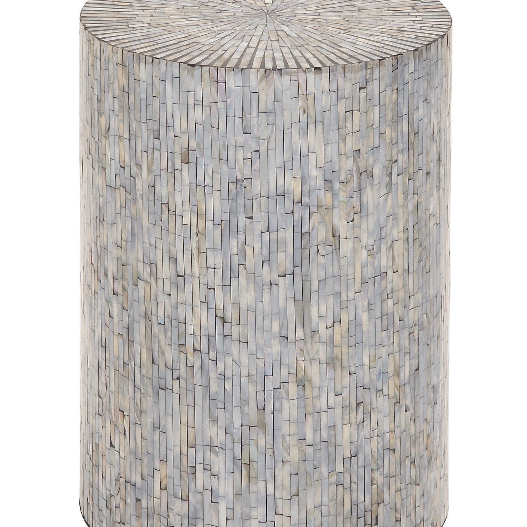 Geometric Mother of Pearl Shell Handmade Mosaic Drum Side End Accent Table