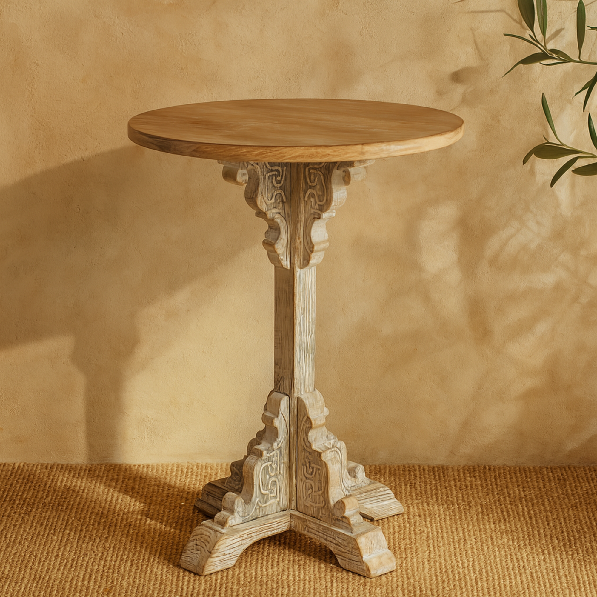 Scroll Wood Distressed Pedestal Side End Accent Table with Brown Wood Top 16" x 16" x 23"