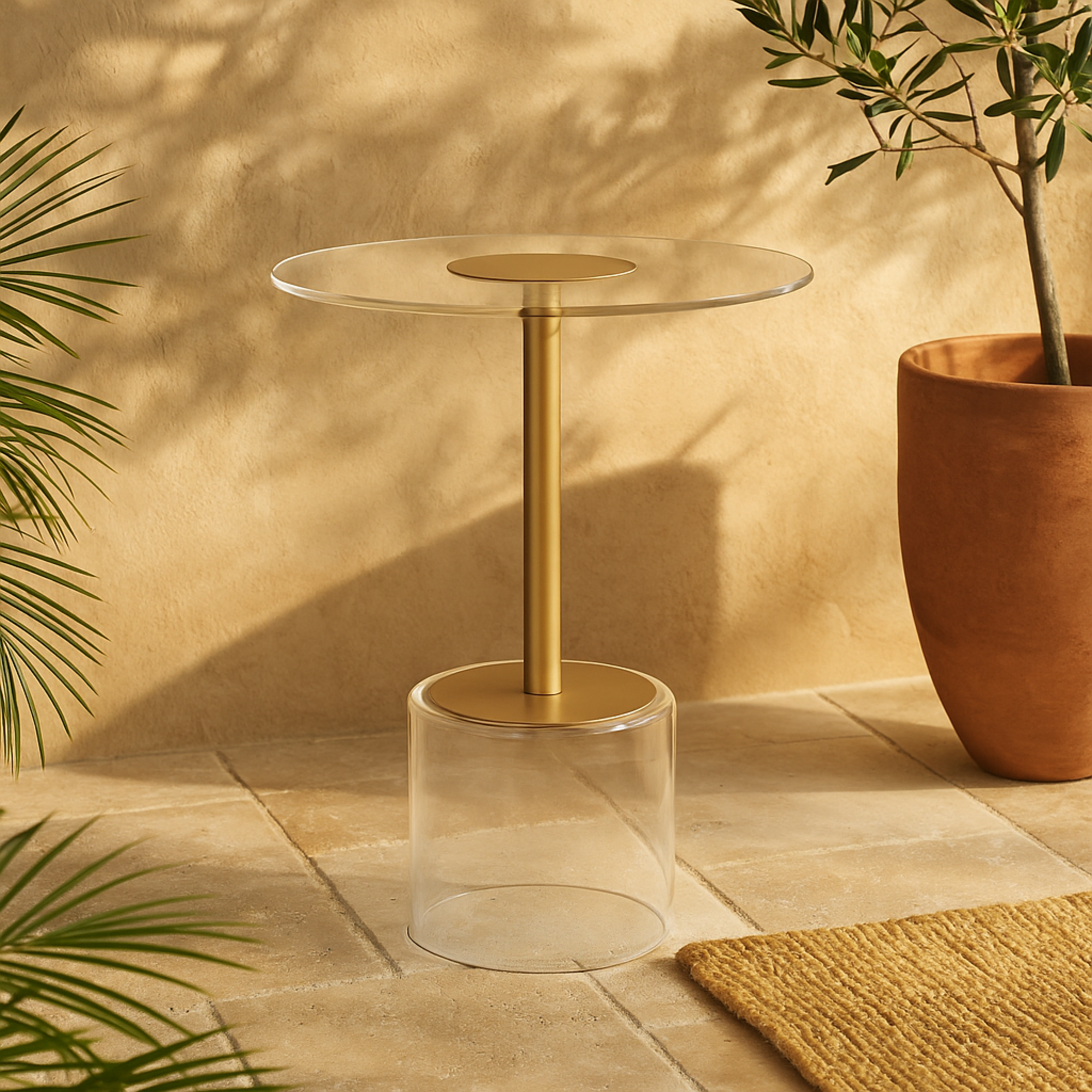 Clear Acrylic Plastic Side End Accent Table with Elevated Base and Gold Stand