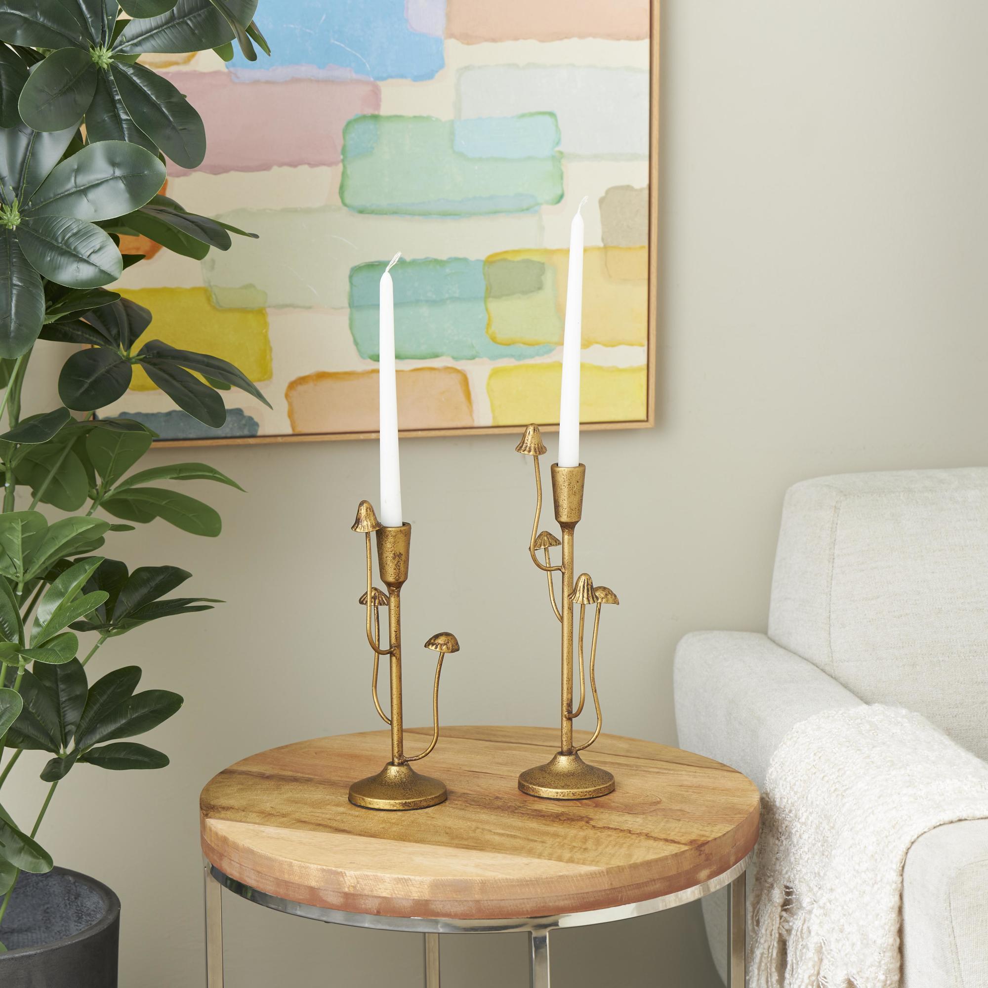 Set of 2 Abstract Gold Metal Mushroom Inspired Decorative Candle Holder