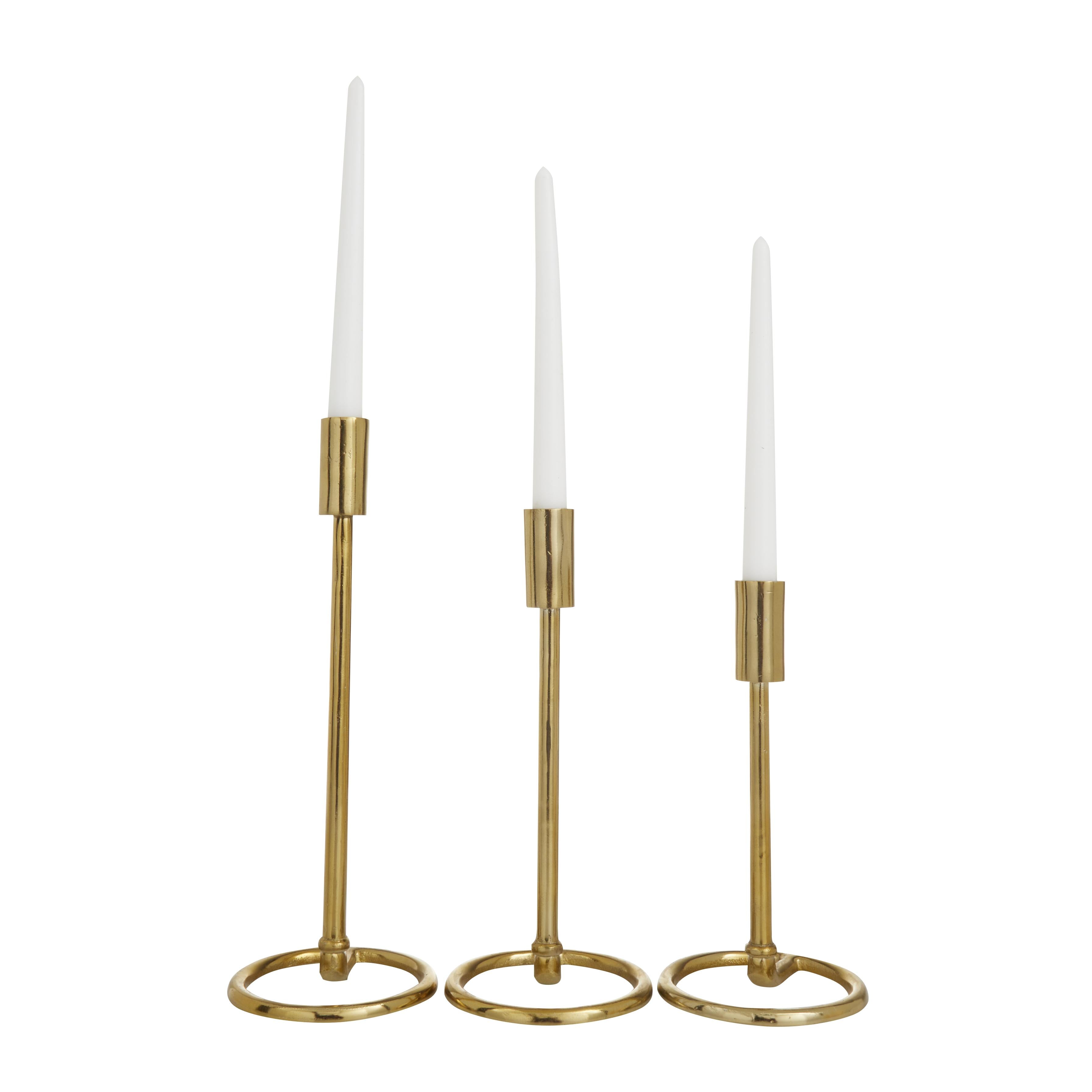 Set of 3 Gold Aluminum Metal Tapered Decorative Candle Holder with Ring Bases