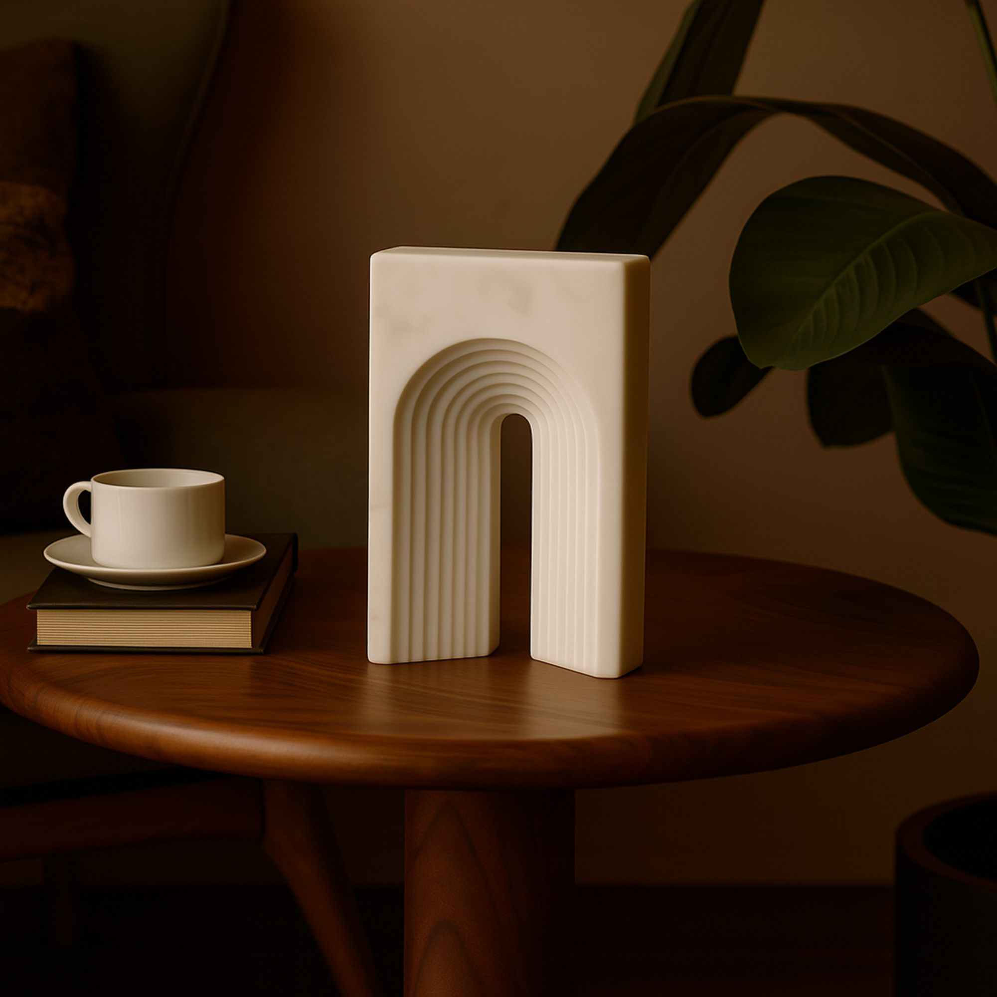 Geometric Marble Rectangular Decorative Sculpture with Arched Groove Interior 6" x 2" x 11"