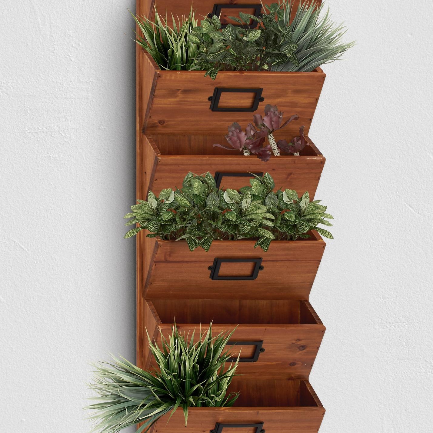 Brown Wood 6 Slots Decorative Magazine Rack Holder with Suspended Baskets and Label Slot