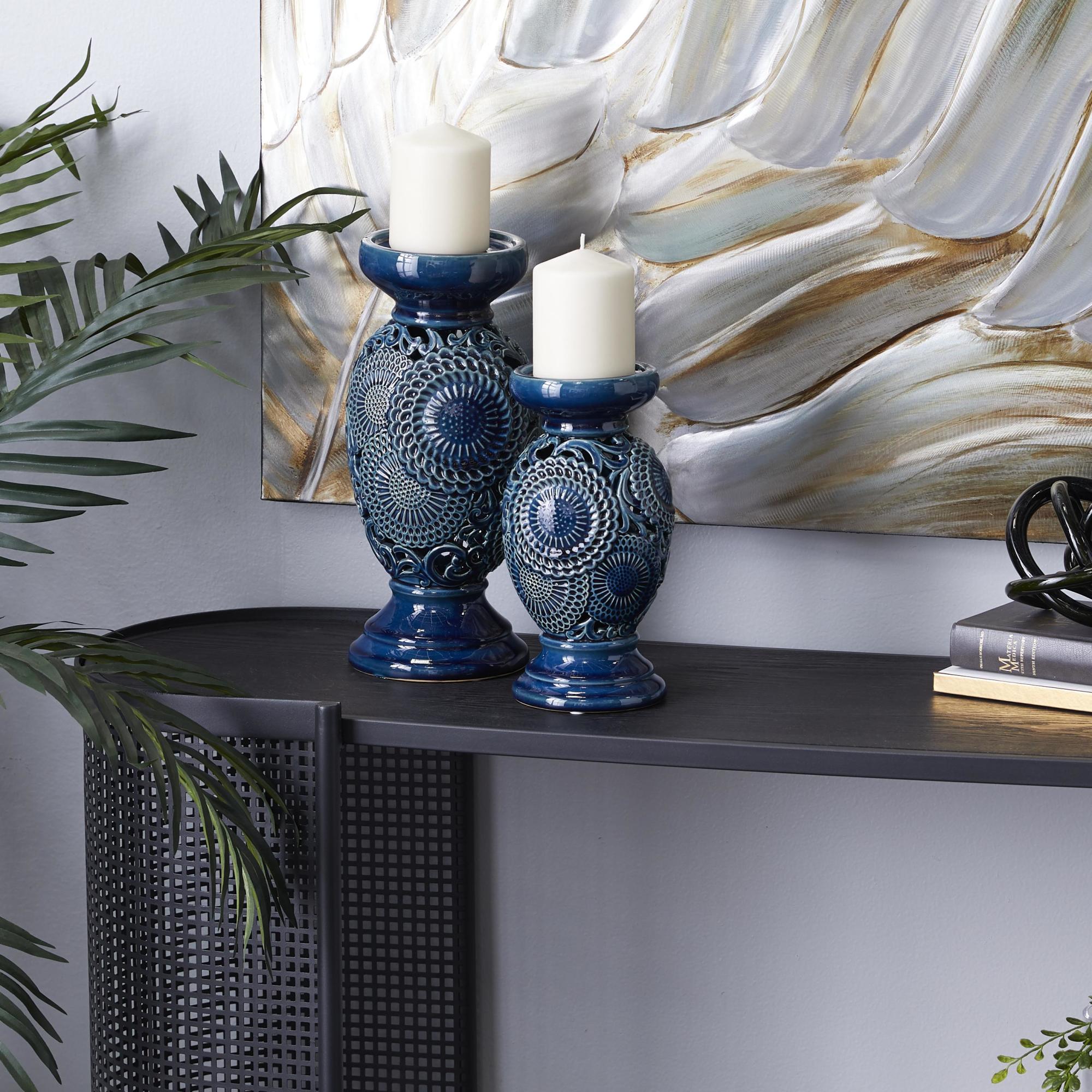 Set of 2 Floral Blue Ceramic Pillar Decorative Candle Holder