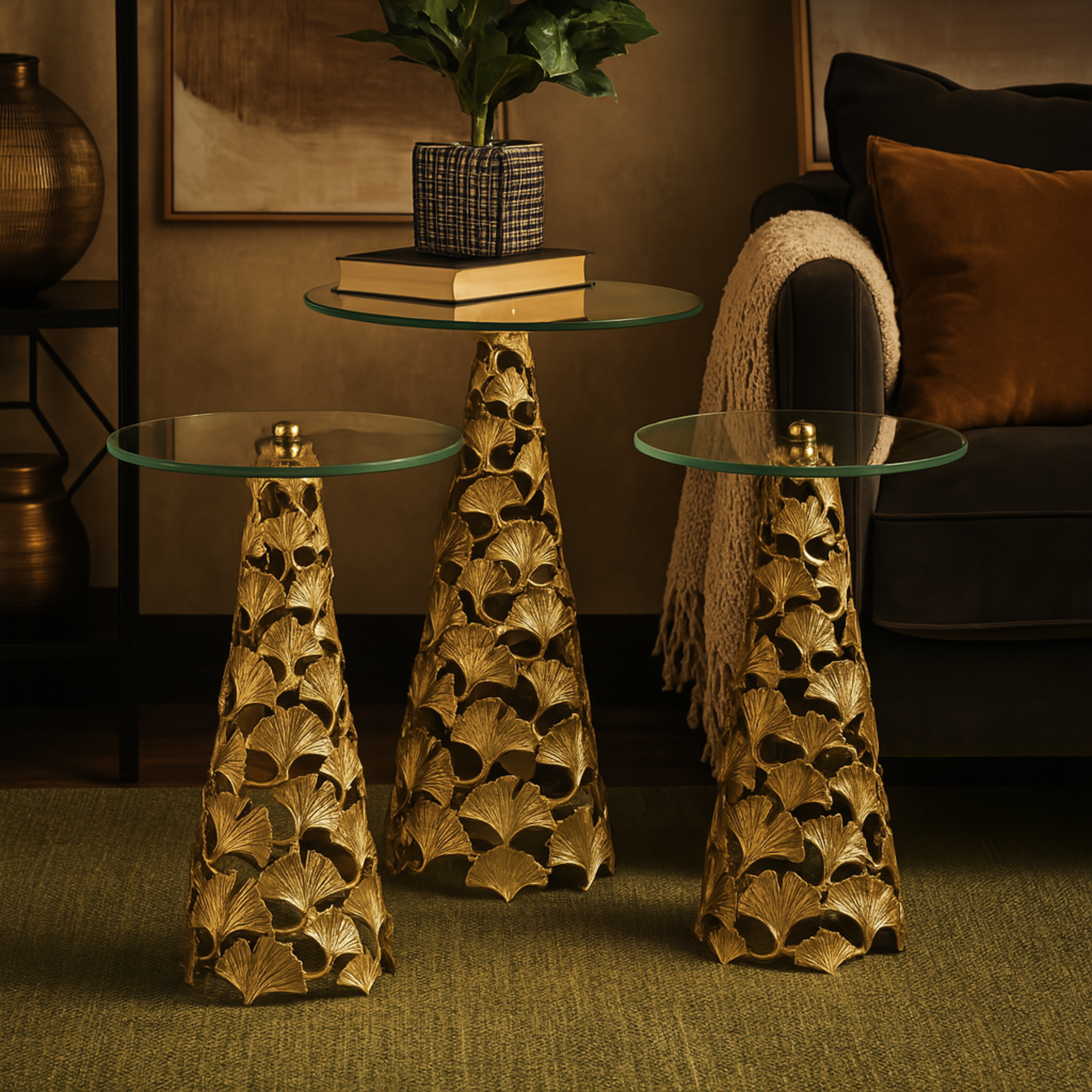 Set of 3 Floral Aluminum Metal Cutout Cone Shaped Side End Accent Table with Tempered Glass Tabletop