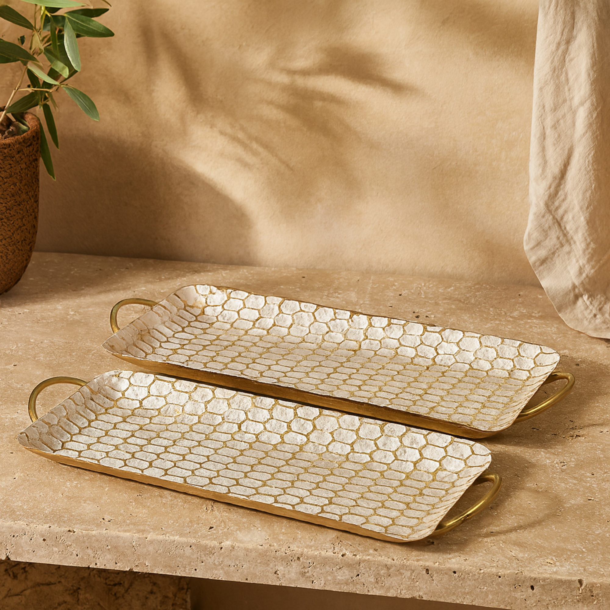 Set of 2 Geometric Gold Metal Geometric Dot Living Room Decor Tray with White Accents