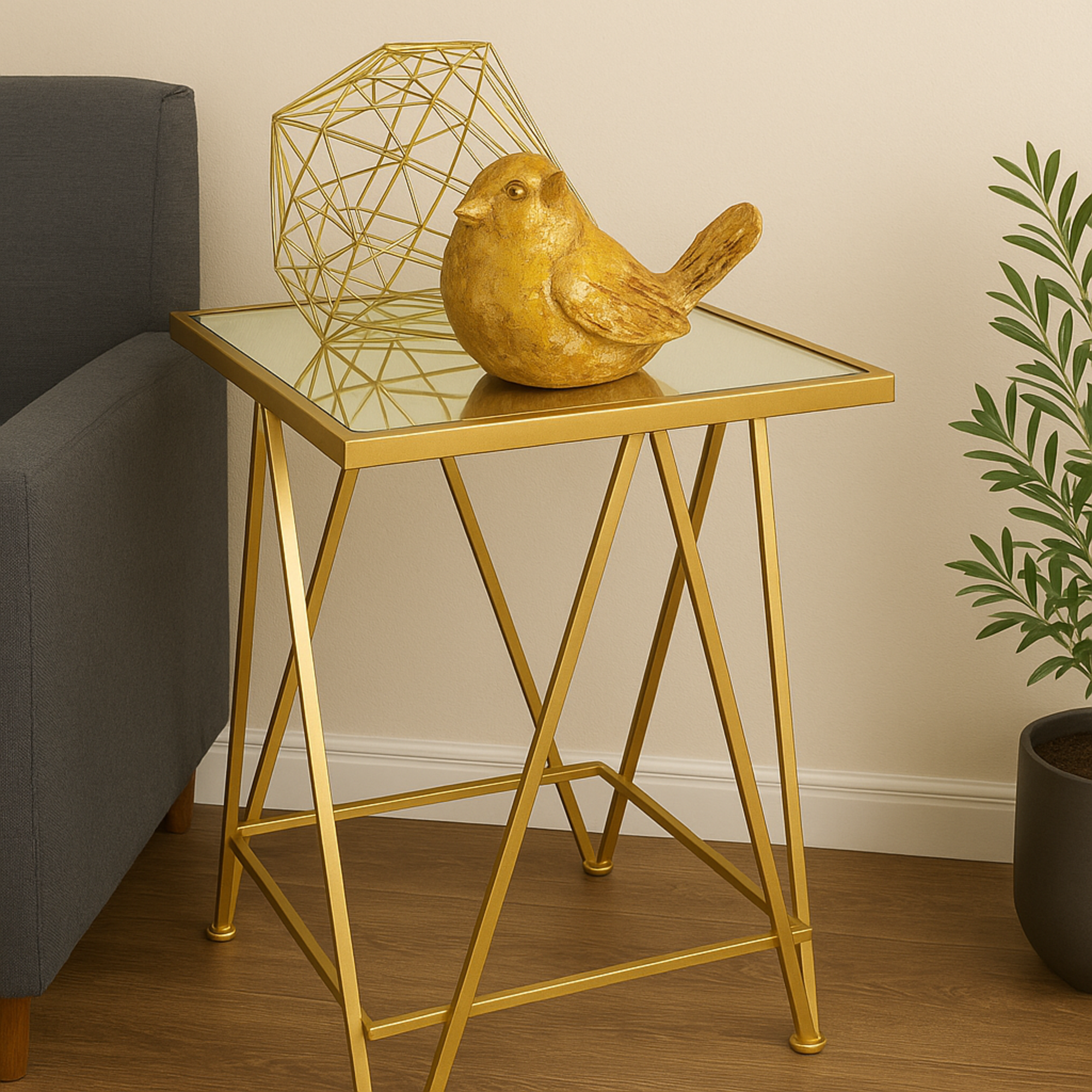 Set of 2 Geometric Gold Metal Square Side End Accent Table with Mirrored Glass Top