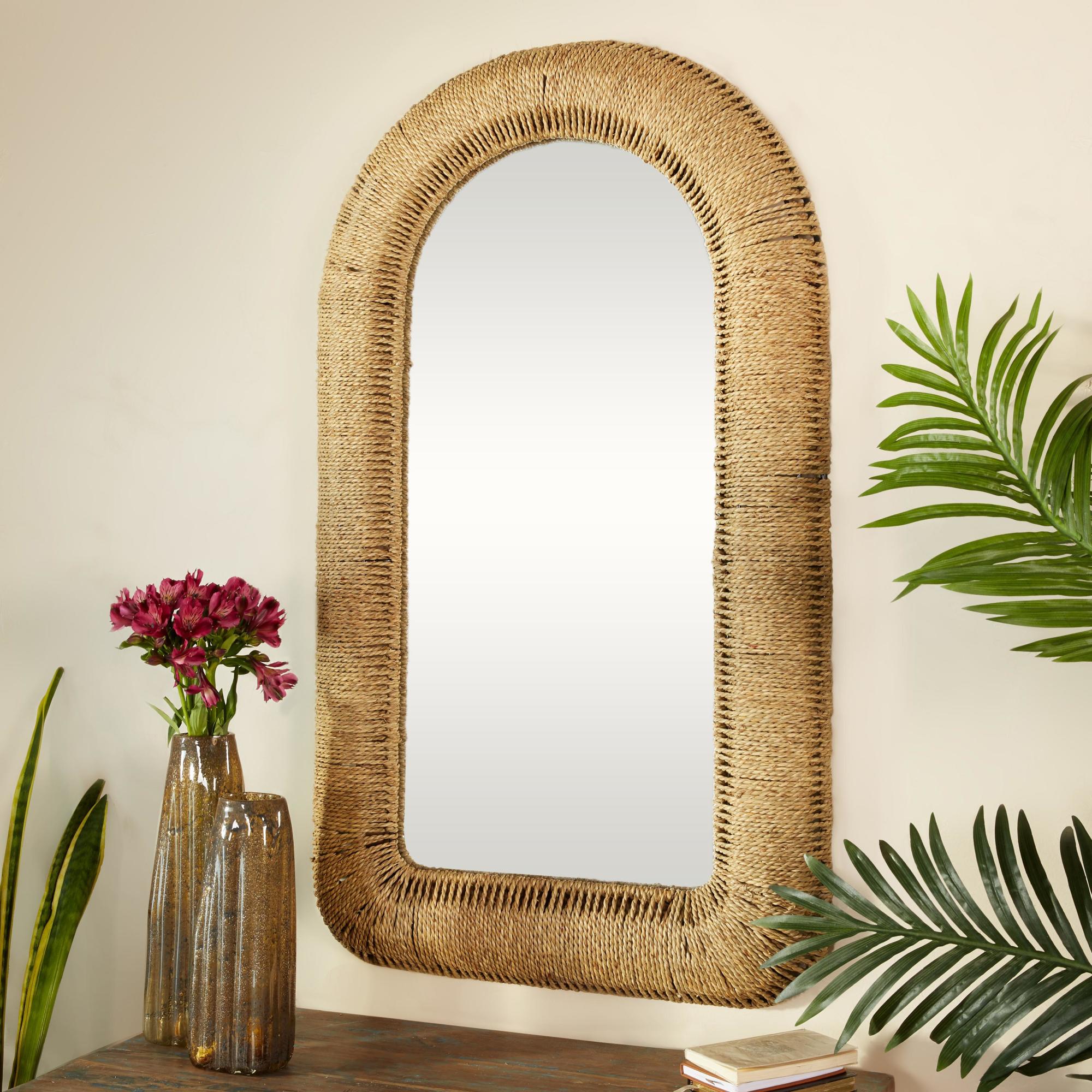 Brown Rattan Woven Room Wall Mirror with Arched Top